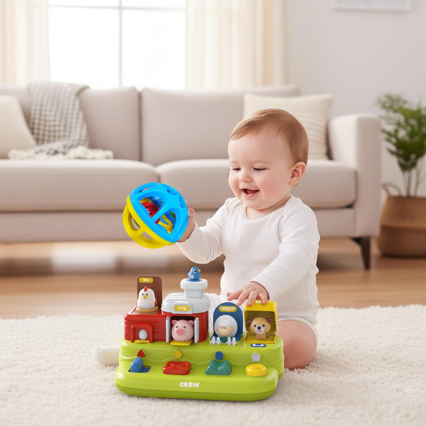 Baby Pop Up Toy with Music, Cause & Effect Pop-Up Animal Toys + Rattle Balls, Textured Easy-Grasp Sensory Balls, Interactive Montessori Learning Gifts for Babies 3-12 Months, 1 Year Old Boys & Girls
