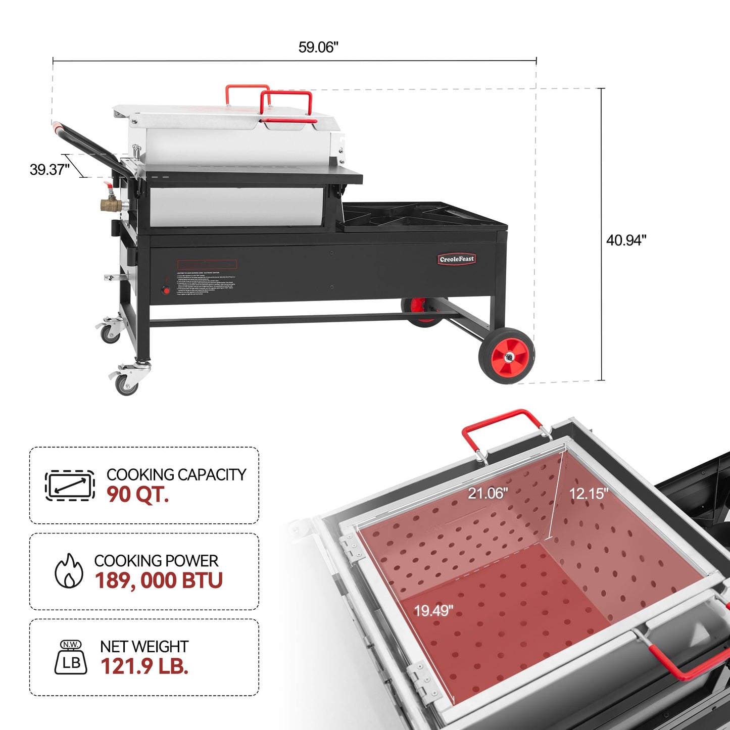 Creole Feast CFT2018-N1 90 Qt Crawfish Boiler and Cooker Combo, 2-Burner Single Sack Propane Gas Seafood Cooker with Stainless Steel Stirring Paddle for Outdoor Backyard Boiling, Silver & Black