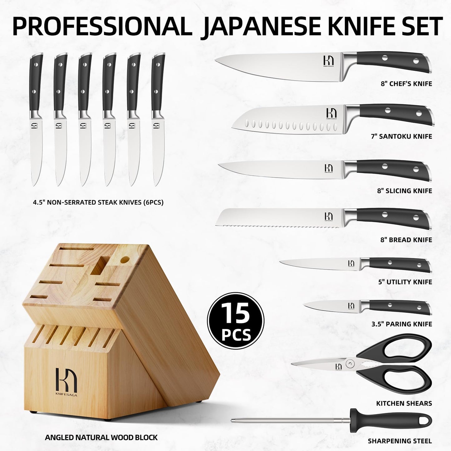 KnifeSaga Knife Set with Block, Japanese 15 PCS Ultra Sharp Ktichen Knives Set, High Carbon Stainless Steel Knife Block Set with Sharpener, Professional Knives with Ergonomic Handle for Home Chefs