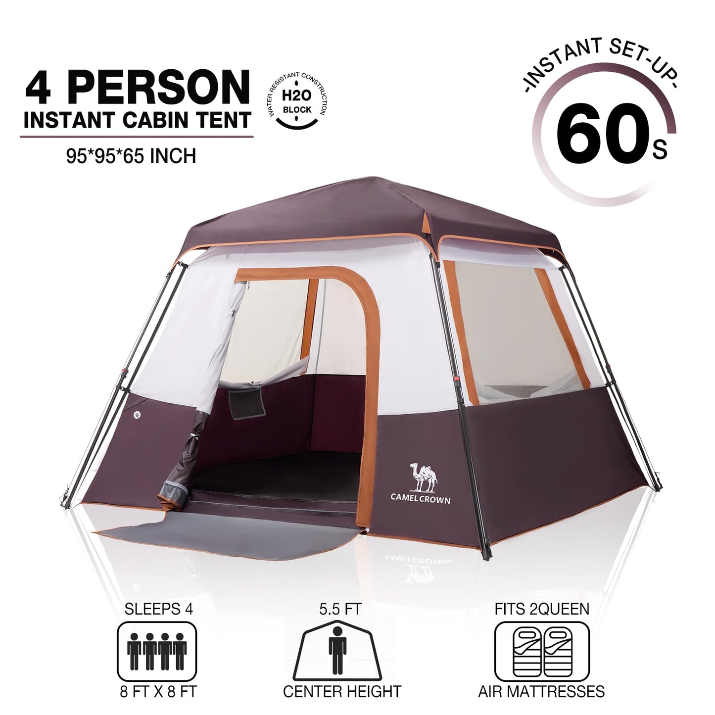 Camping Tents 4/6 Person Pop Up Instant Tent - Setup in 60s for Family Camping, Windproof Design, Family Cabin Tent with Rainfly & Backpack Carry Bag