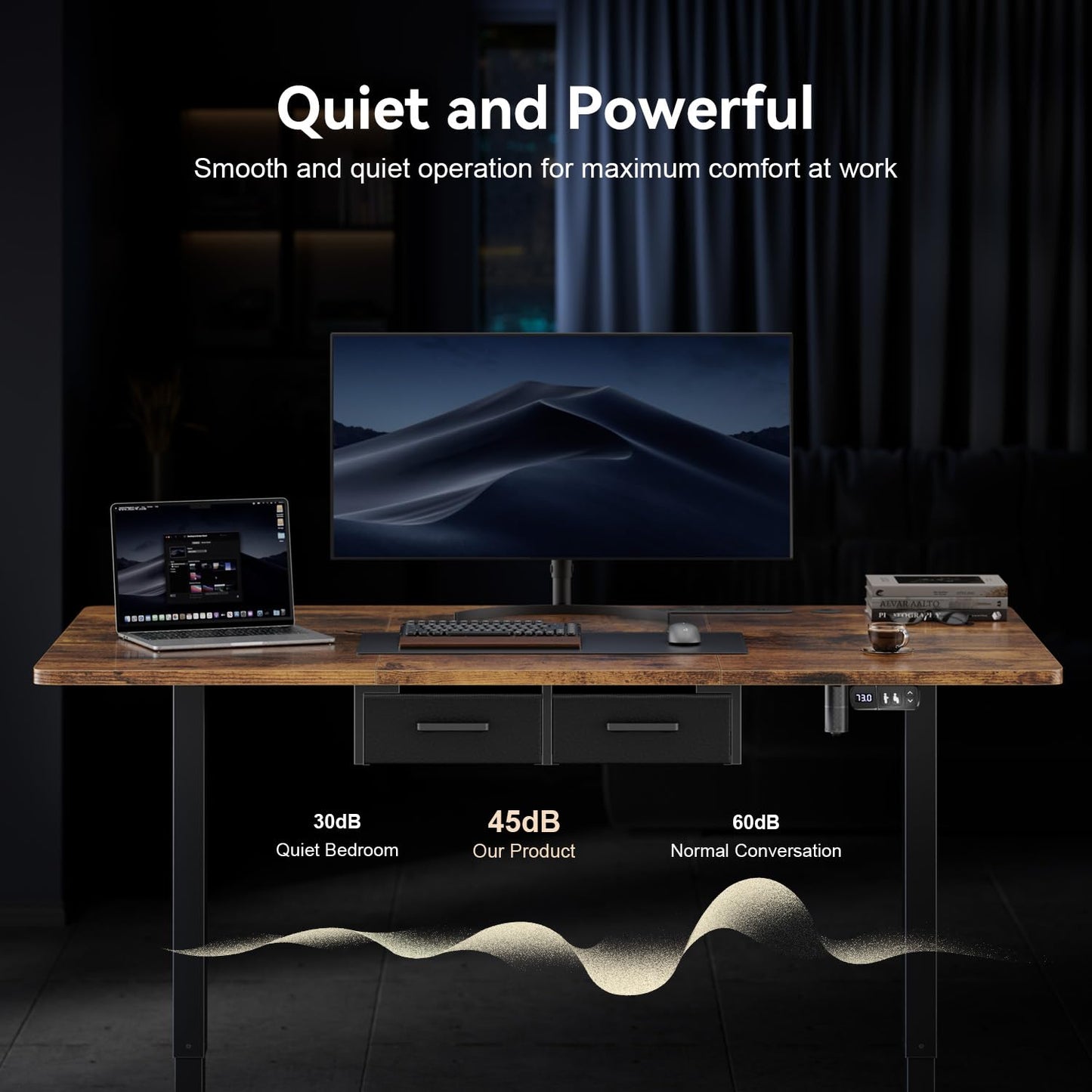 HLDIRECT Electric Standing Desk, 47 x 31.5 Inches Height Adjustable Table with Outlets, Sit Stand Computer Desk with Drawers for Home Office, Ergonomic Rising Workstation, Rustic Brown