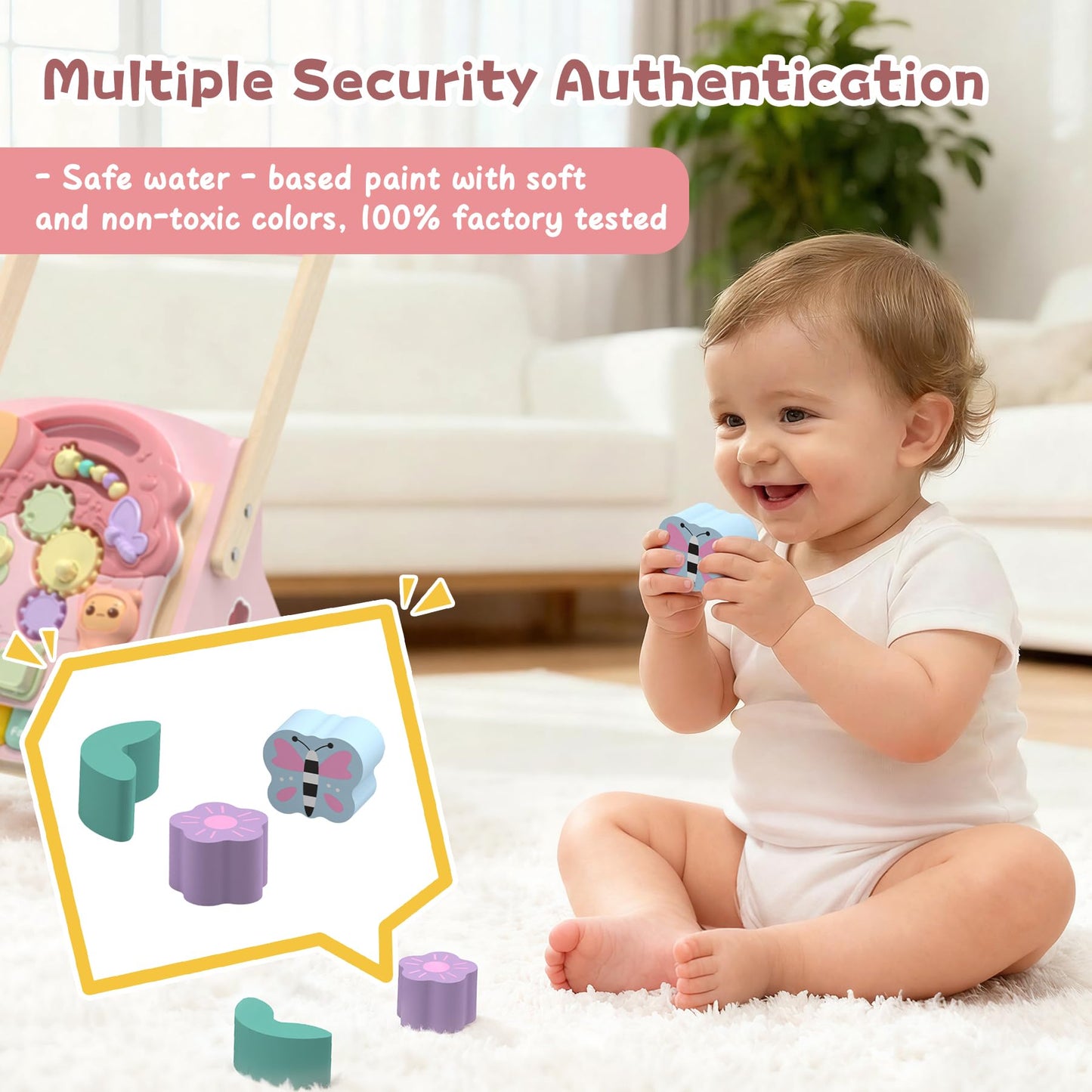 2 in 1 Wooden Baby Walker and Activity Center for Girls Boys Sit-to-Stand Learning Toy Kids Montessori Educational Push Toys with Music Detachable Busy Keyboard for Toddlers
