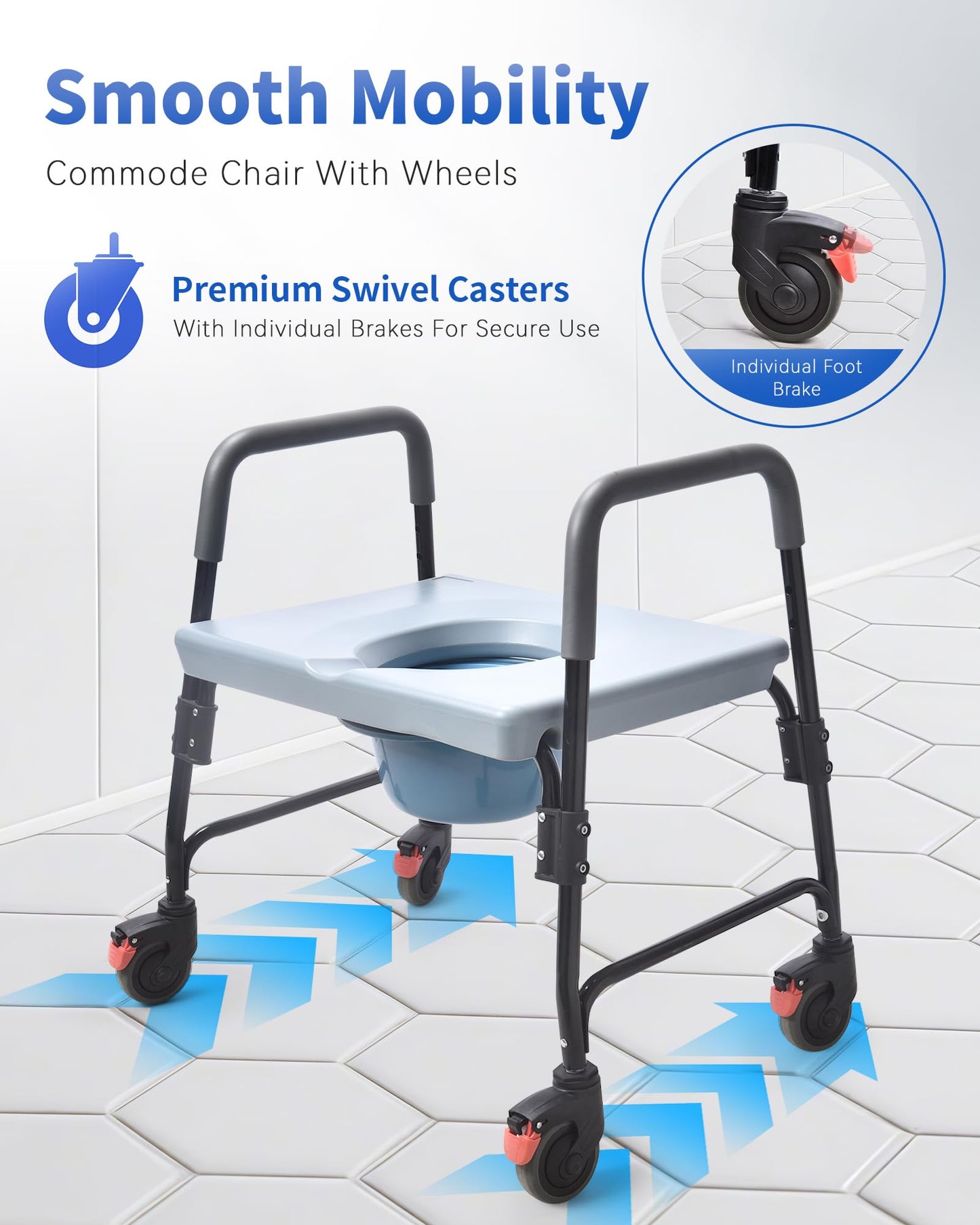 Sangohe Bedside Commode, Portable Toilet for Elderly, Rolling Commode with Wheels, Rear Locking Wheels, Bariatric Bedside Commode, 7-qt Commode Bucket Included, Extra Wide Seat, 601A