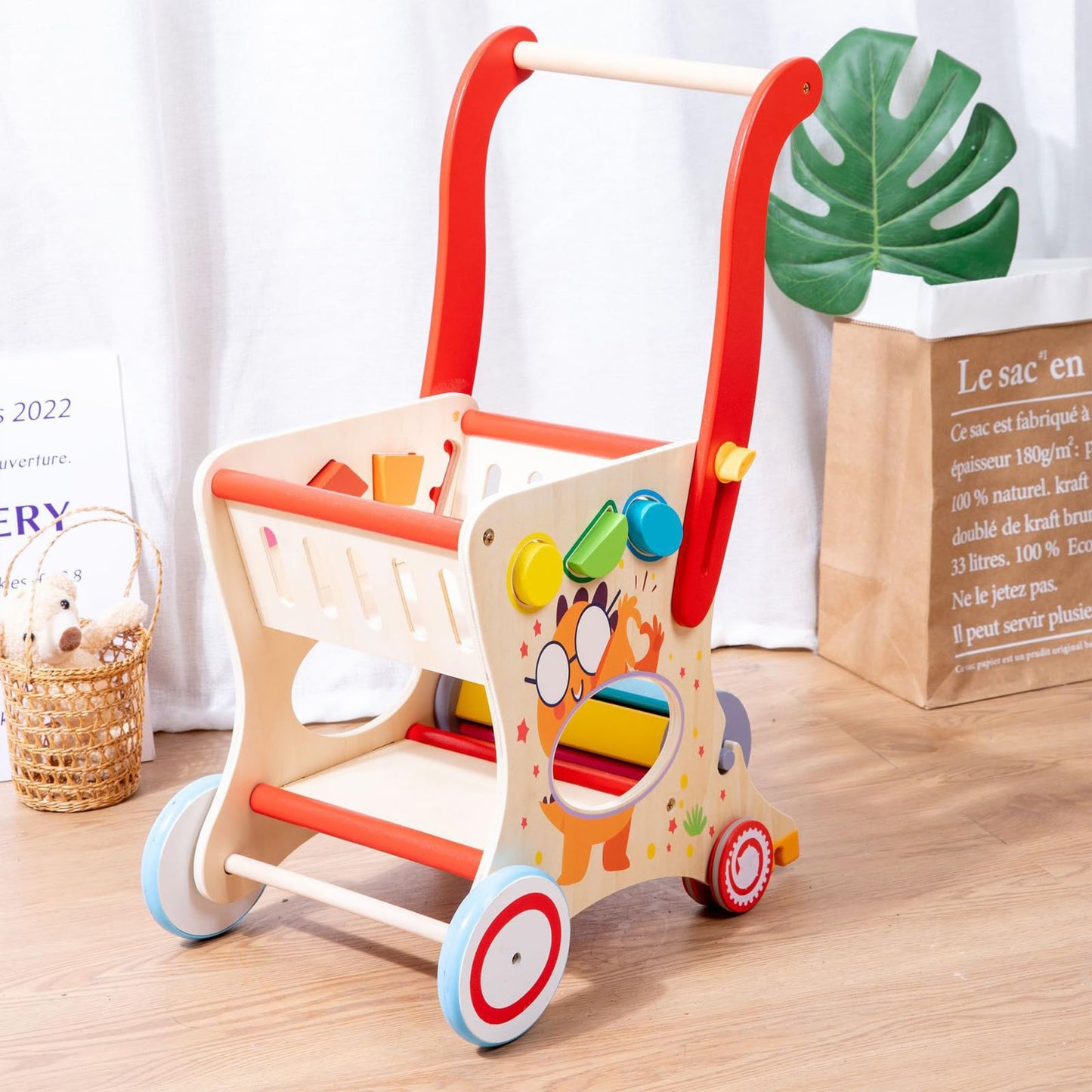 Dormlony Wooden Baby Push and Pull Walker with Wheels for Boy&Girls,Multiple Activities Kid’s Toy,Shopping Cart Sit to Stand Walker for Toddlers