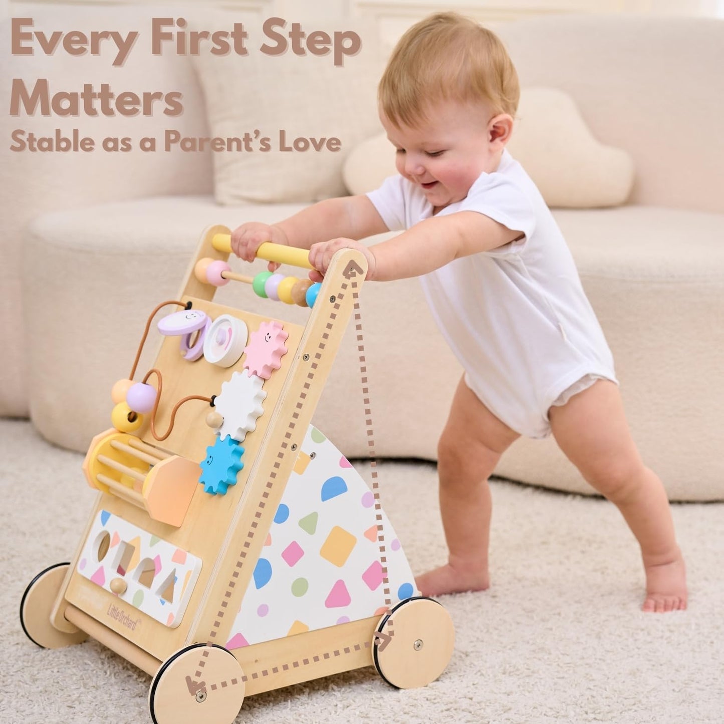 Little Orchard Baby Wooden Baby Walker with Upgraded Adjustable Speed Control, Montessori Activity Push Walker with Wheels, Baby Walker Toy for Toddlers, Gift for Boys & Girls 1 Year Old