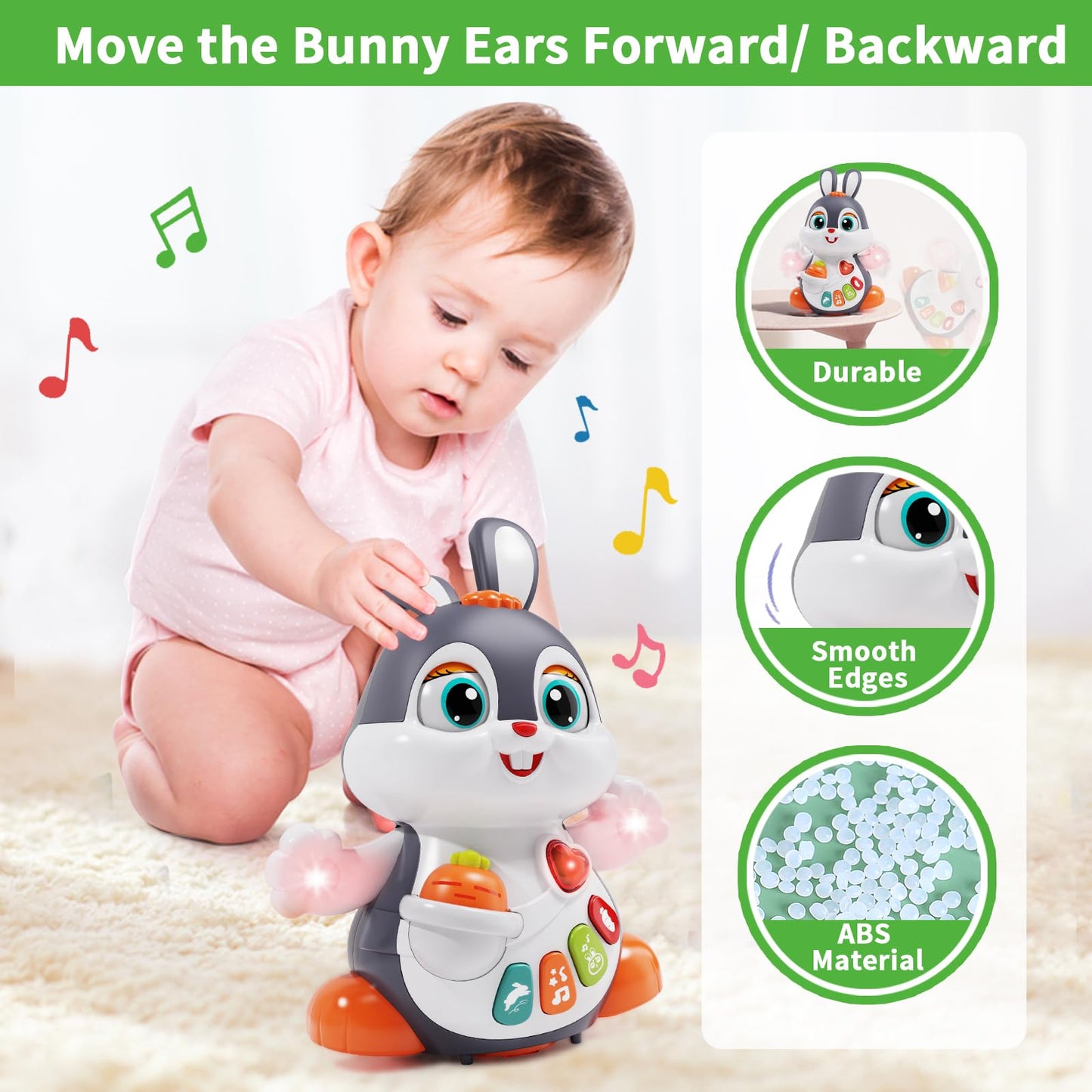 Wanonoo Baby Musical Bunny Toy Dancing Crawling Tummy Time Toys, Light Up Infant Toys 0-3-6 6-12 12-18 Months Birthday Gifts for 1 Year Old Boy Girl Learning Baby Basket Stuffers