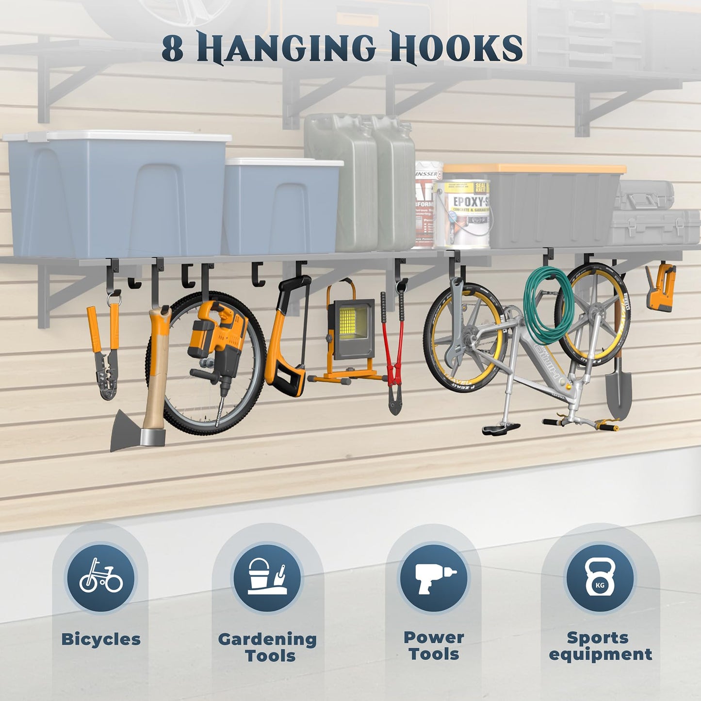 Jusgym 4-Pack 1.5x4ft Garage Shelving Wall Mounted, 1.5 x 4' Heavy Duty Garage Storage Shelves with Hooks, 1000LB Capacity