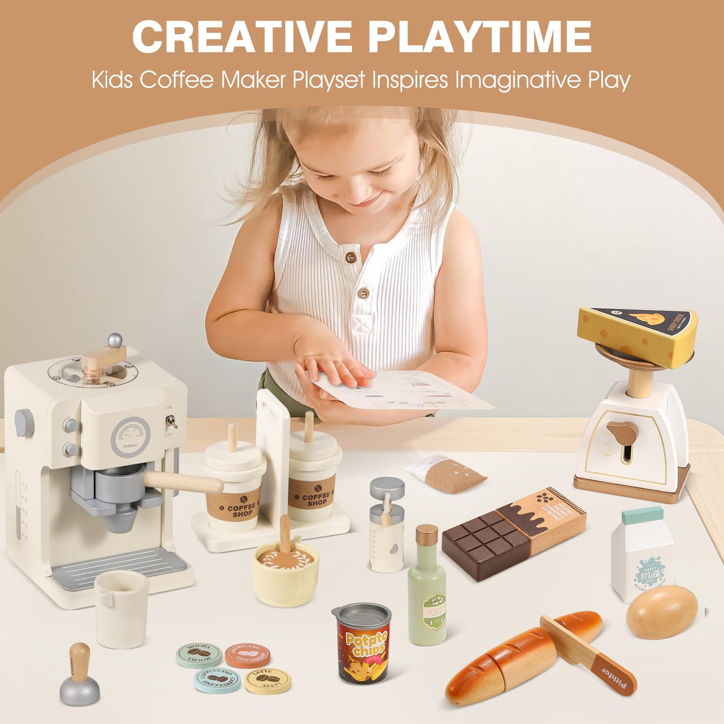 Pithfor Kids Wooden Coffee Playset with Grinder, Toy Coffee Maker for Kids Toddlers, Pretend Play Kitchen Appliances & Accessories Toy Gift for Boys Girls