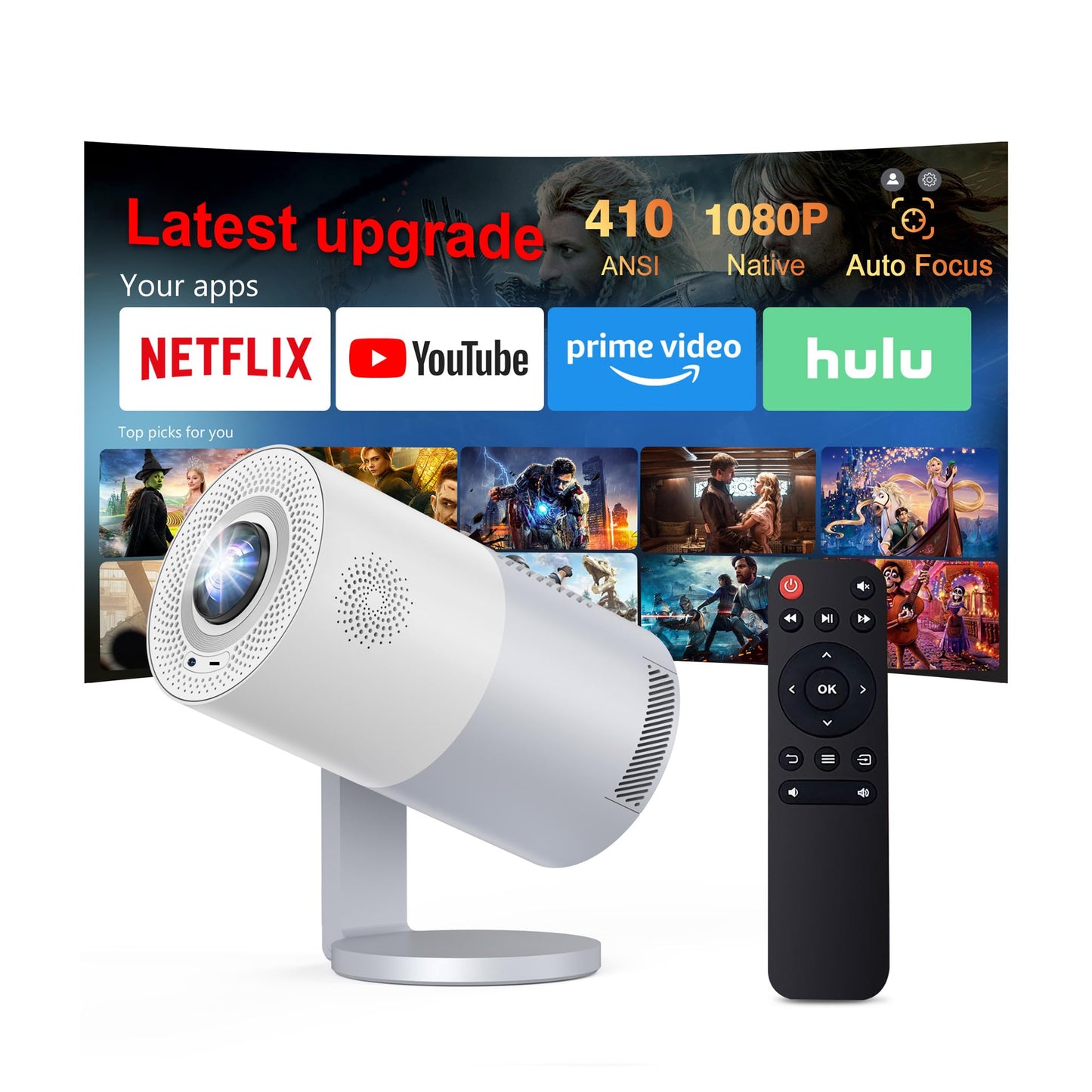 Latest Upgrade Portable Mini Projector Native 1080P 4K Support, 410 ANSI Lumens Auto Focus, WiFi 6 Bluetooth, Outdoor Movie Game Projector Android Smart System for Home Theater TV Replacement