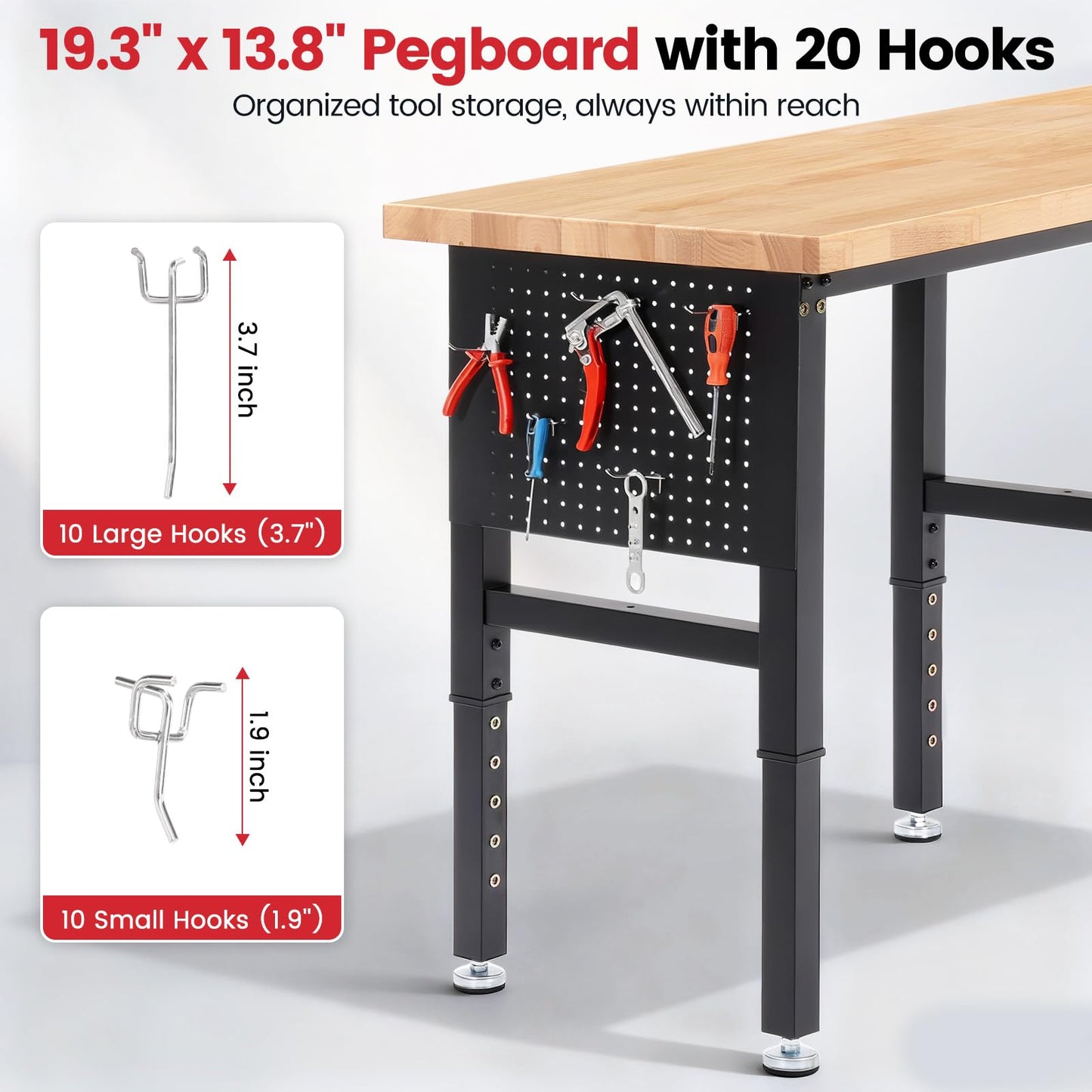 ENJOYWOOD Workbench 72 x 24 Inch Heavy Duty Adjustable Height Work Table with Power Outlets & Extended Pegboard 5000 lbs Load Capacity for Garage, Workshop, Home, Office