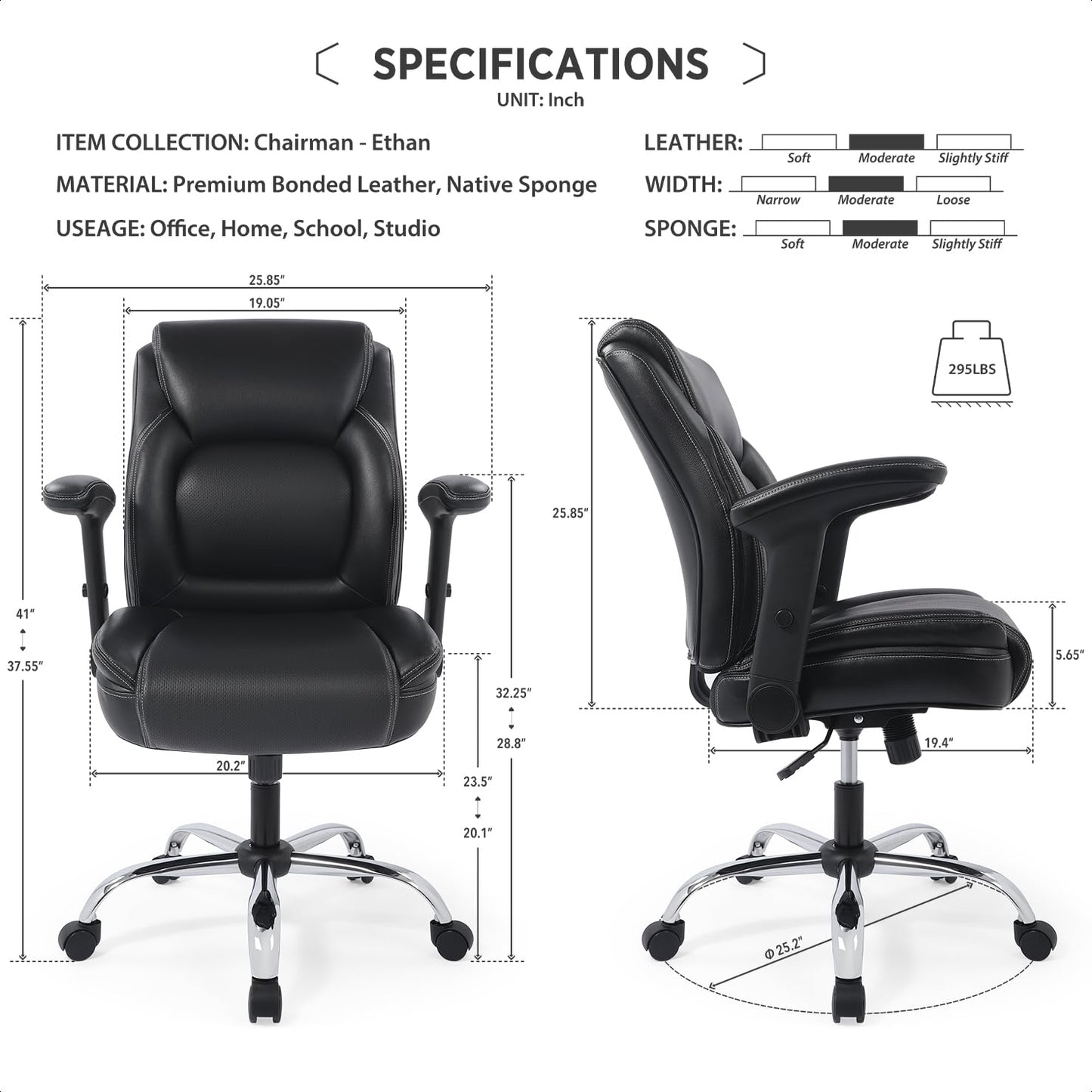 Ergonomic Heavy Duty Mid-Back Padded Bonded Leather Padded Adjustable-Height/Tilt Office Chair, Comfortable Swivel Computer Desk Task Office Stool with Functional Arms, Design for Sedentariness, Black