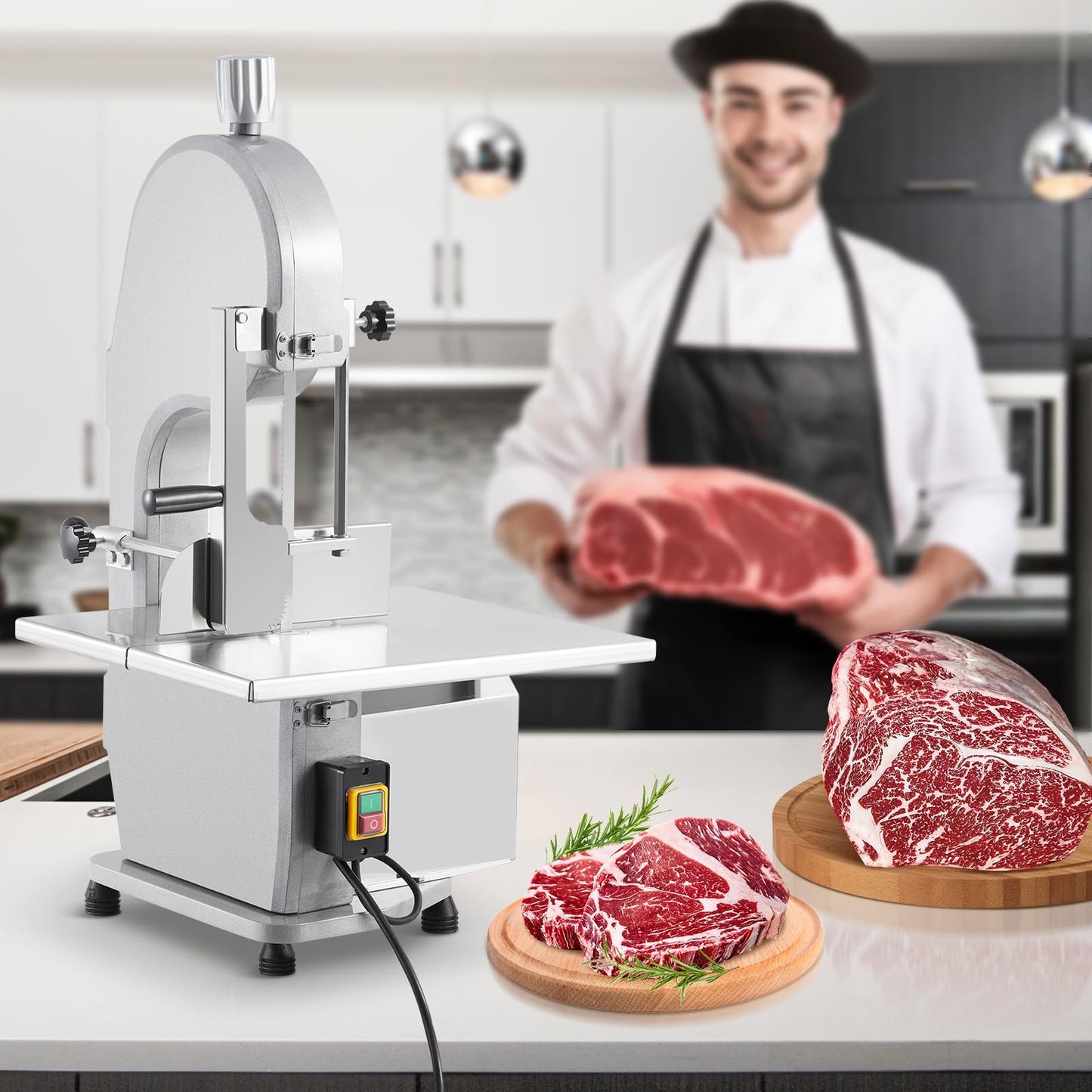 Commercial Electric Meat Band Saw 1100w, Bone Cutting Machine with Stainless Steel Worktable 19.3 x 15 in, 0.16–7.9" Cutting Thickness, Includes 5 Saw Blades, for Frozen Beef Pork Fish Chicken