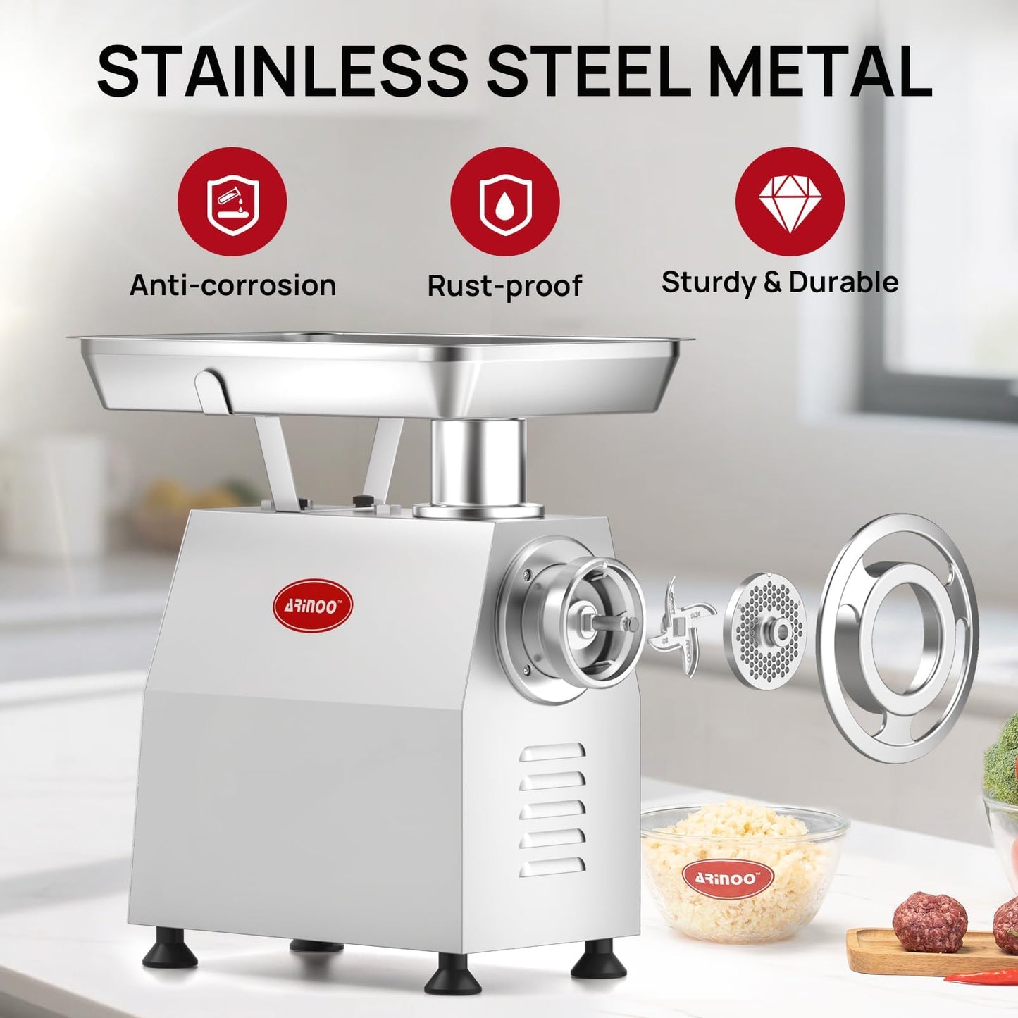 Commercial Meat Grinder #32, 2.0HP Heavy Duty Industrial Stainless Steel Meat Mincer, Sausage Stuffer with 2 Blades, 2 Plates & 3 Sausage Tubes, Meat Grinder Machine for Deer Processing,Pet Food