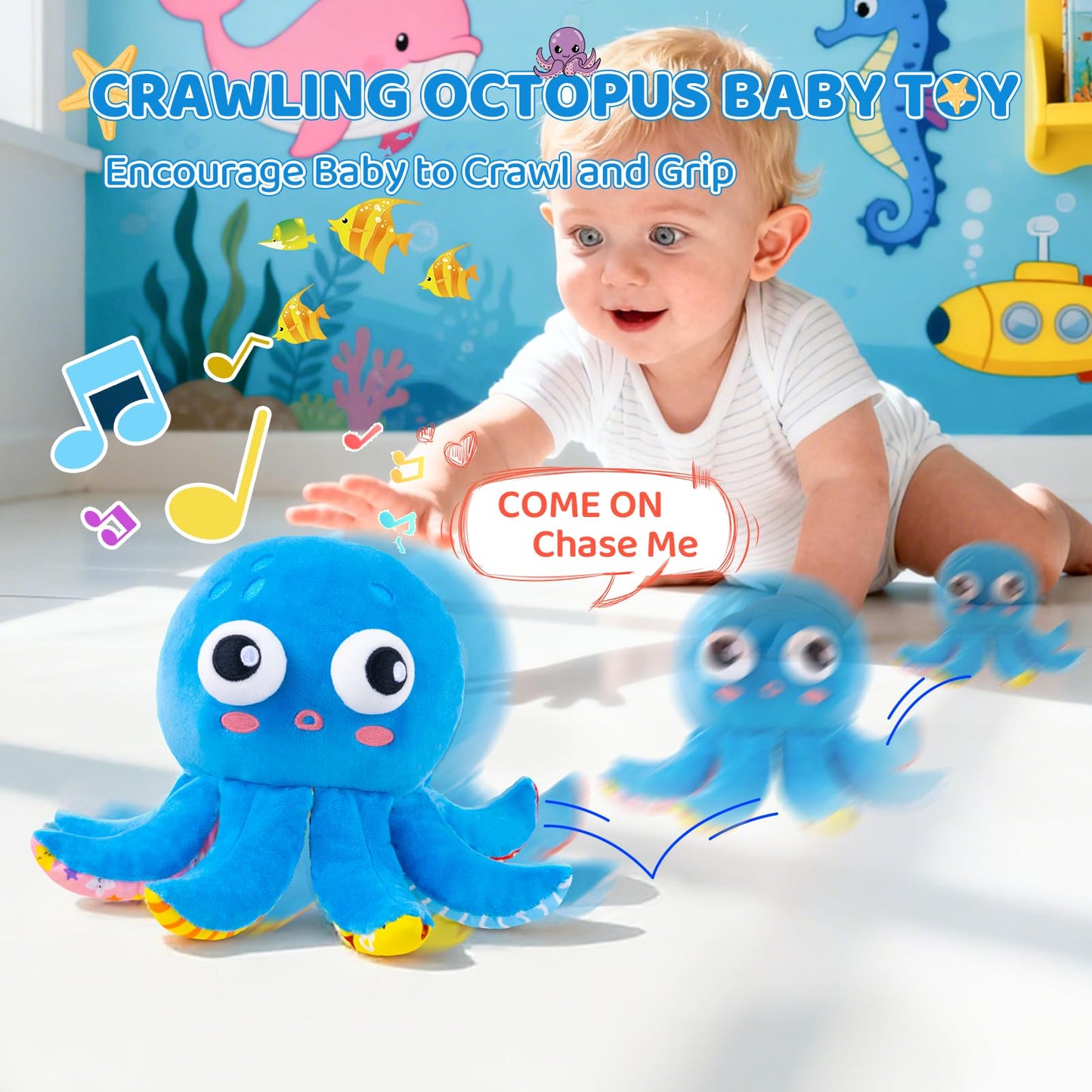 Baby Toys 6-12 Months, Musical Crawling Toys Bouncing Dancing Octopus Plush Toys 12-18 Months, 50 Songs & Recording Feature, Interactive Toddler Toys Age 1-2 Tummy Time Toys for 1 Yr Old Boys Infants