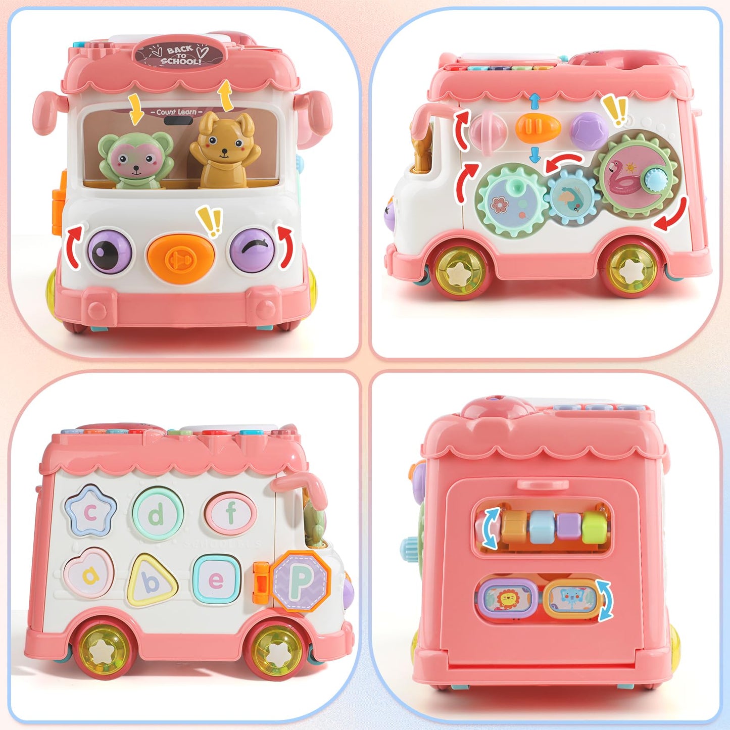 HAYXUN Montessori Toy for 1+ Year Old Girls, 10-in-1 Musical Learning Bus Baby Toys for 12-18 Months Present, Educational Developmental Sensory Toy, First Birthday Gifts for 1 Year Old Girl Toddlers