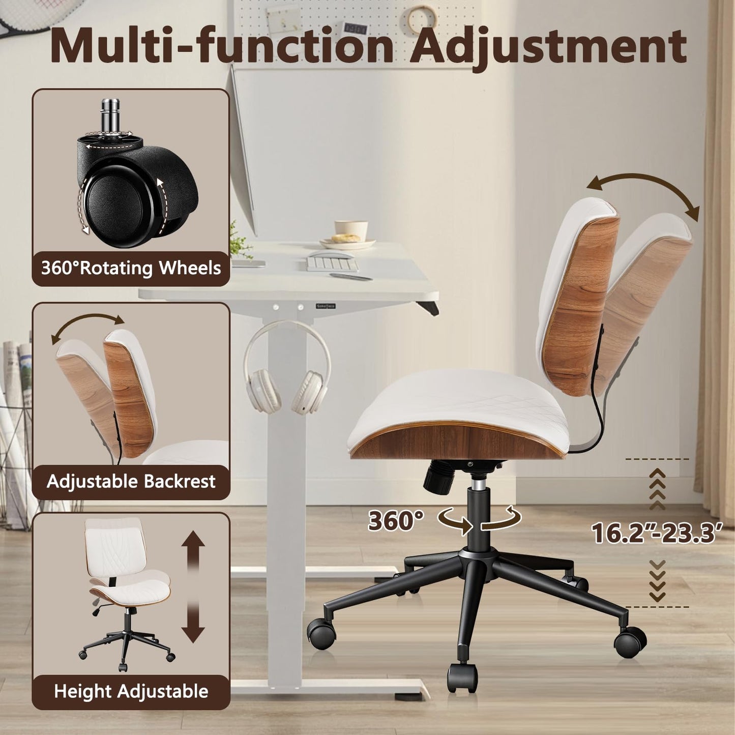CLATINA Armless Home Office Chair, Desk Chair with Wheels, Adjustable Height Reading Chair, Leather Mid Back & Swivel Computer Chair, Modern Walnut Chairs with Back for Studio Meeting Room(White)