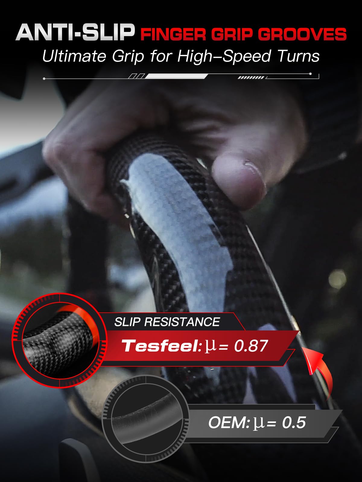 TESFEEL Real 3K Carbon Fiber Steering Wheel for Ford Mustang 2015-2017, D-Shape Flat Bottom, Premium Nappa Leather with Red Stripe & Hand-Stitching, for V6/Base/EcoBoost/GT/Shelby GT350&GT350R