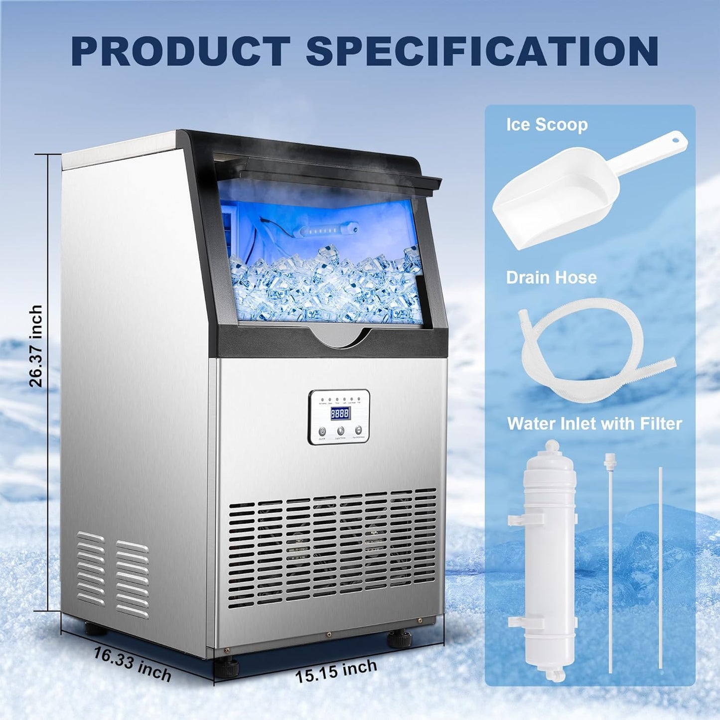Zomagas 90LBS/24H Commercial Ice Maker Machine, Undercounter or Freestanding Stainless Steel Ice Machine with 25LBS Storage, 32 Cubes/Cycle, Self-Cleaning & Quiet Operation for Home, Bar, Restaurant