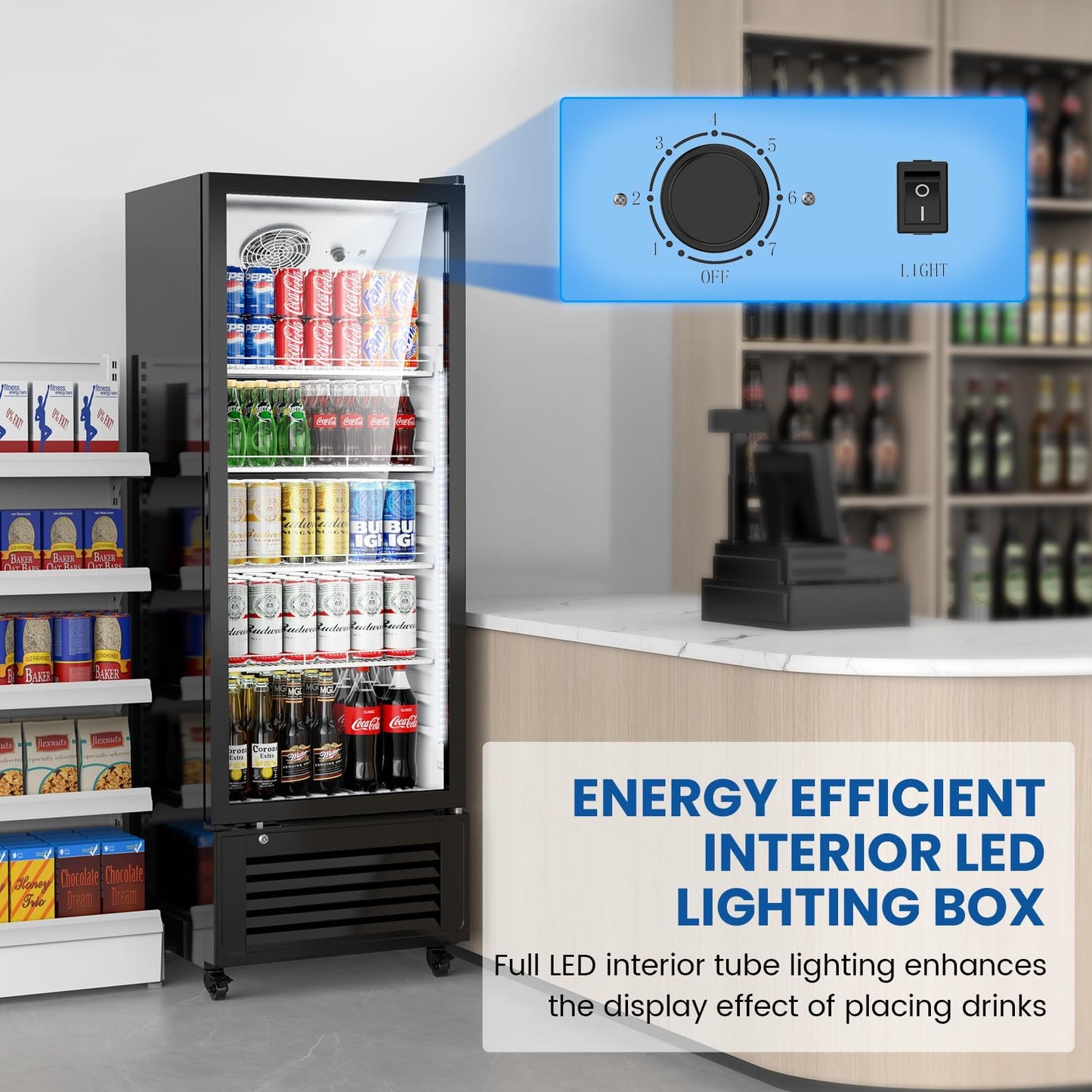 Mojgar 11 Cu Ft Commercial Refrigerators Single Door,Glass Door Merchandiser Display Beverage Fridge with Built-in LED Light,1.64kwh/24h Retail Cooler for Shop,Restaurant,Apartment,etc