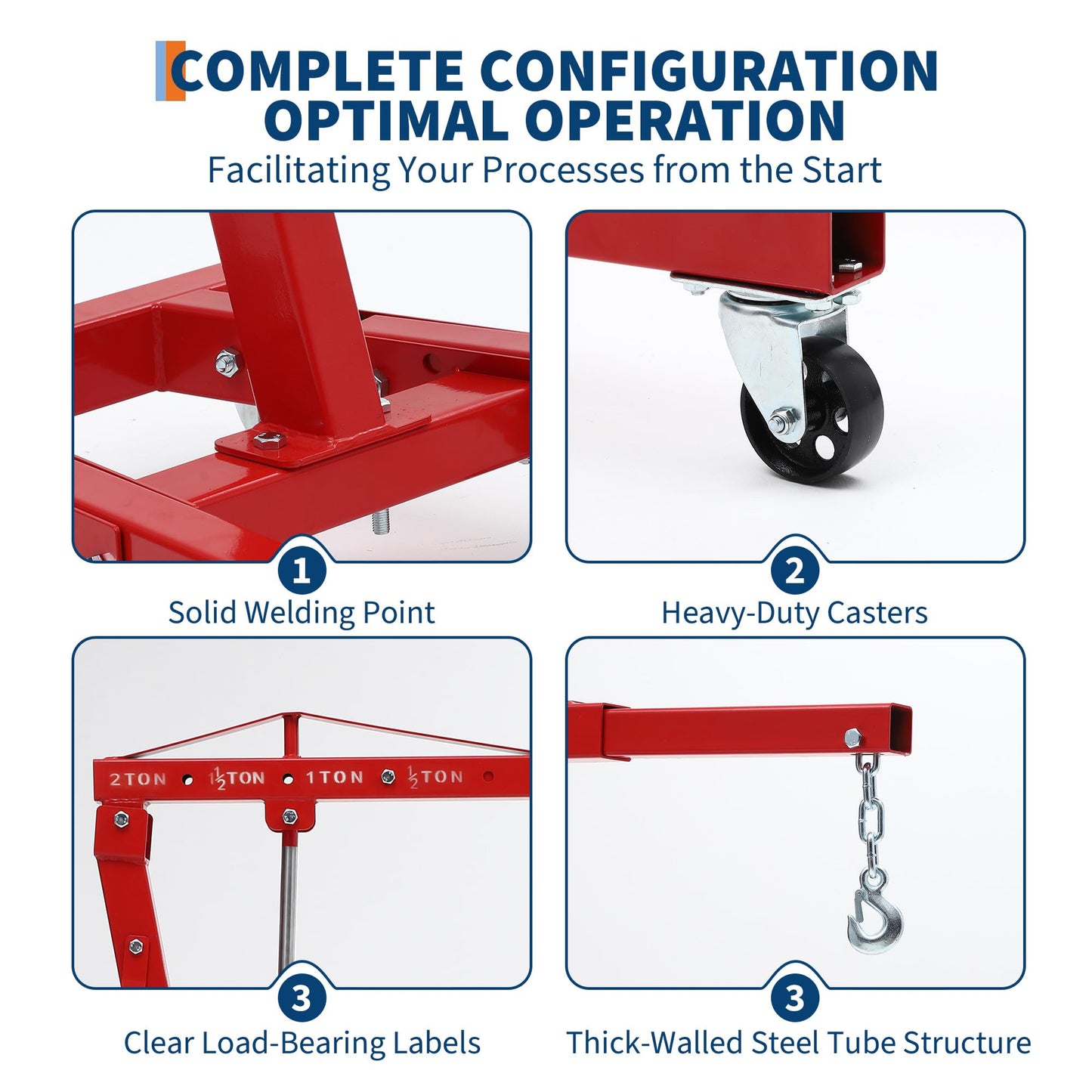 2 Ton Engine Hoist, 4400Lbs Heavy Duty Folding Cherry Picker Engine Lift with 6 Casters, Hydraulic Shop Crane Lifter Cherry Picker for Garage, Workshop, Factory, Red