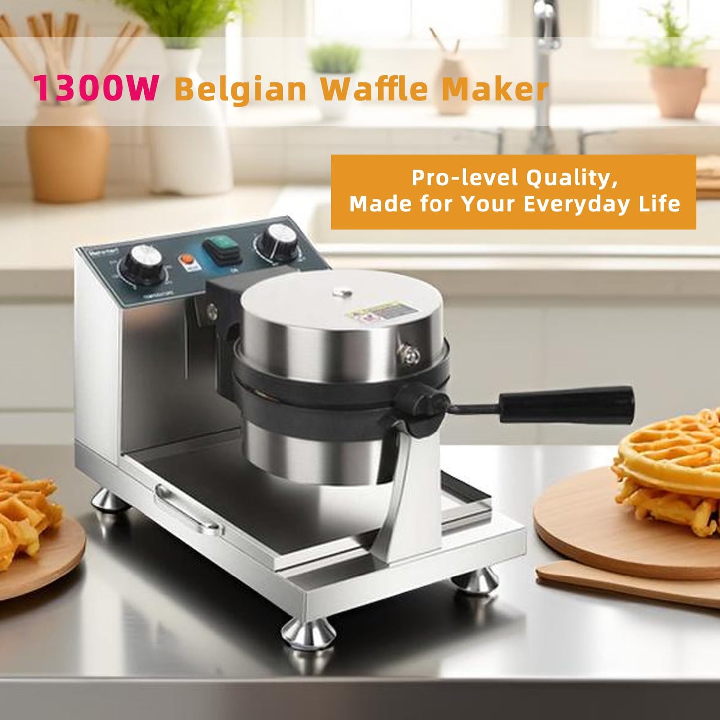 Hehinton® 110V 1300W Commercial Belgian Waffle Maker, 180 Degree Rotatable Waffle Baker Machine with 122-572℉ Temp Control, 0-5min Timer, φ7"X1.2" Thick Non-Stick Dough/Batter Round Waffle Maker