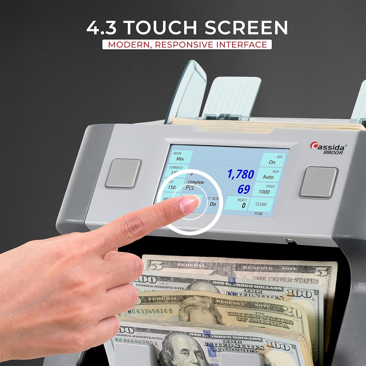 Cassida 8800R V2 USA Premium Bank-Grade Mixed Denomination Money Counter Machine, Advanced Counterfeit Detection, Multi-Currency, 3-Year Warranty, Includes External Display, Printing Enabled