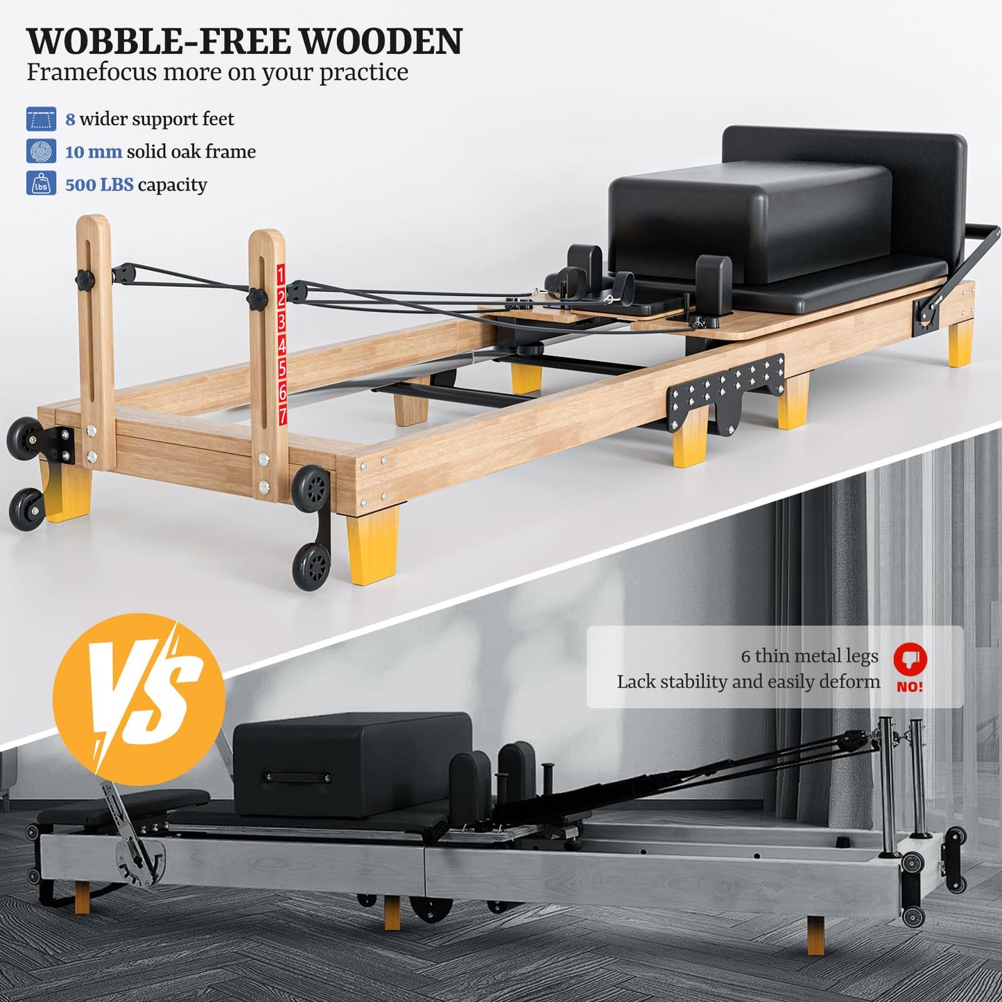 92" Foldable Solid Wood Pilates Reformer for Home with 6 Springs, Jump Board and Box, Professional Home Gym Machine for Core Strength, Stability and Full-Body Toning Includes 2 Grip Socks