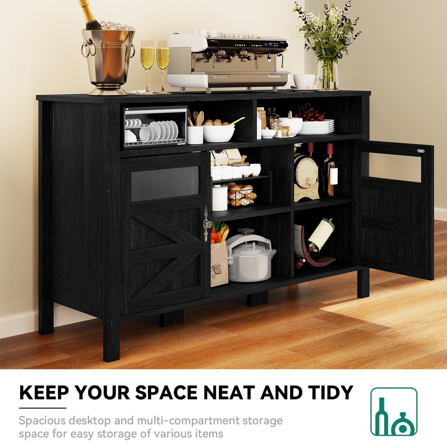 YITAHOME 55'' Farmhouse Buffet Cabinet with Storage, Large Sideboard Cabinet with 2 Doors & Open Storage, Versatile Coffee Bar Table for Kitchen & Living Room (Black)