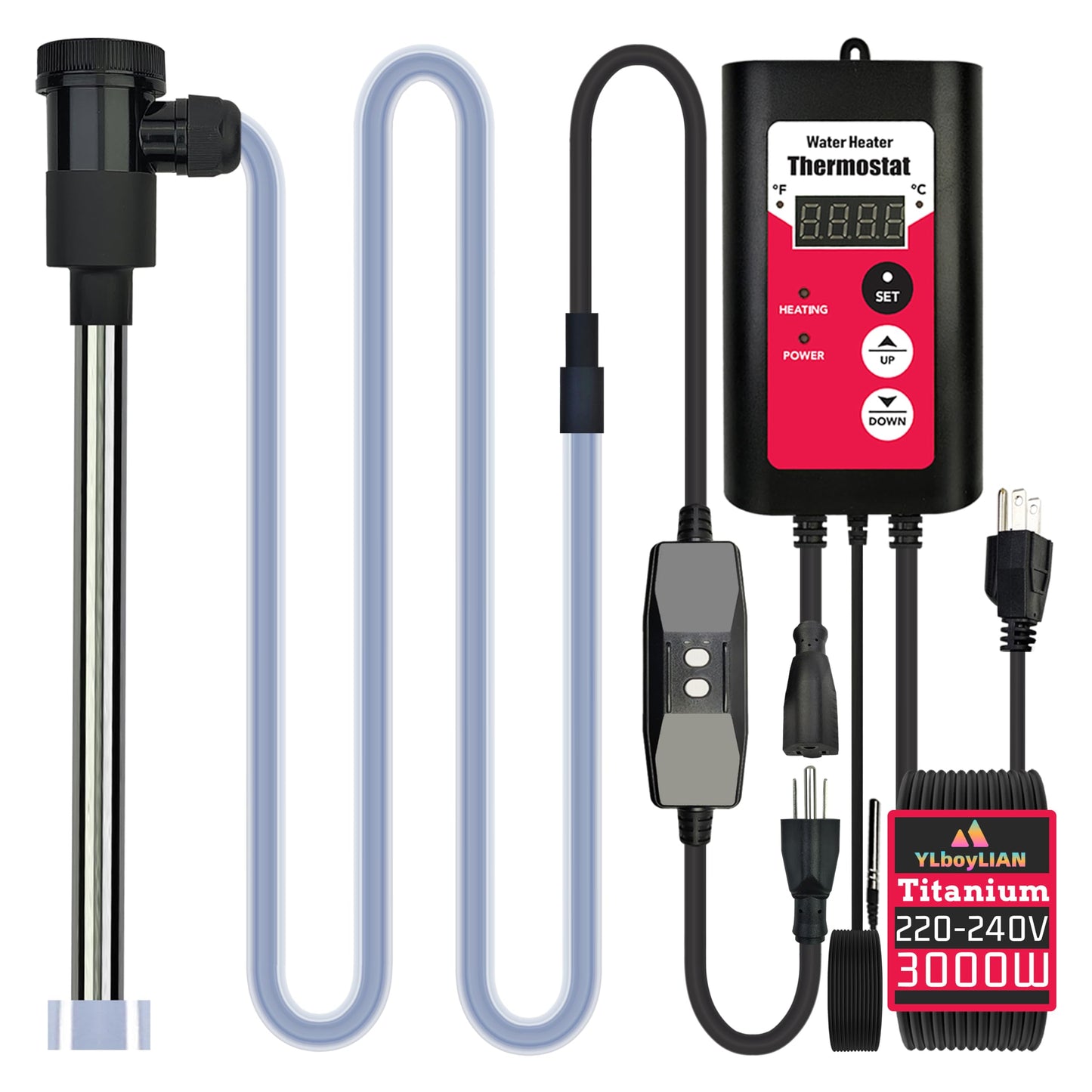 YLboyLIAN 240V 3000W Titanium Submersible Electric Immersion Water Heater with Thermostat & GFCI – Portable Heater for Swimming Pools, inflatable pool, Above Ground Pool, Baptistry, Spa Tubs & Hot Tub