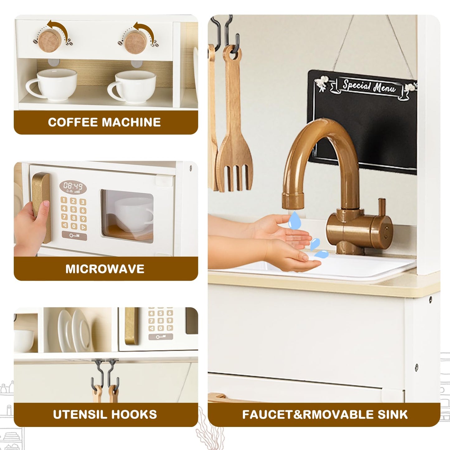 DREAM BUILDING Dual-Sided Play Kitchen for Kids Toddlers, 2-in-1 Grocery Store&Wooden Toy Kitchen Set with Coffee Machine,Pretend Kitchen Play Set with Microwave, Oven, Gift for Boys Girls
