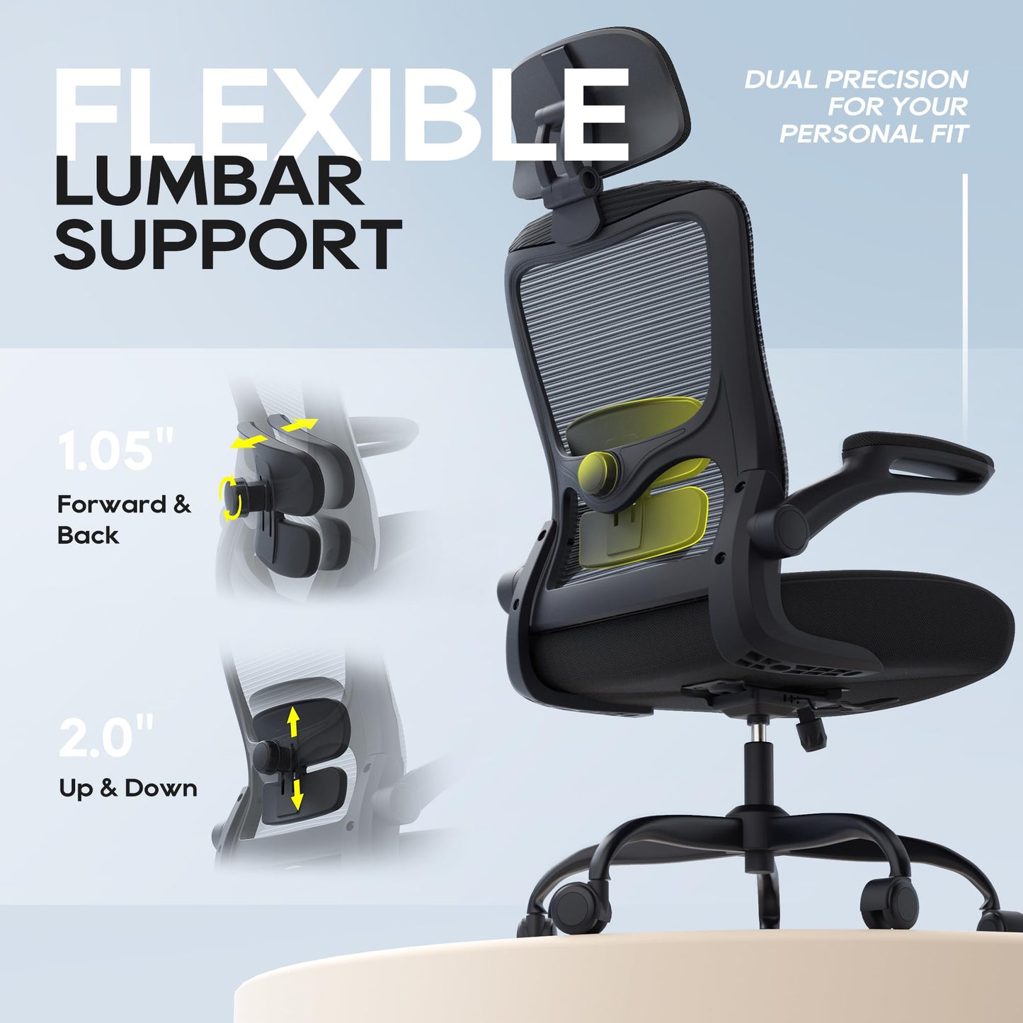 Zeonsit Ergonomic Office Chair, High Back Mesh Desk Chair with Adjustable Lumbar Support & Headrest, Flip-up Armrest, Computer Task Chairs for Home and Executive Office (B-Black)