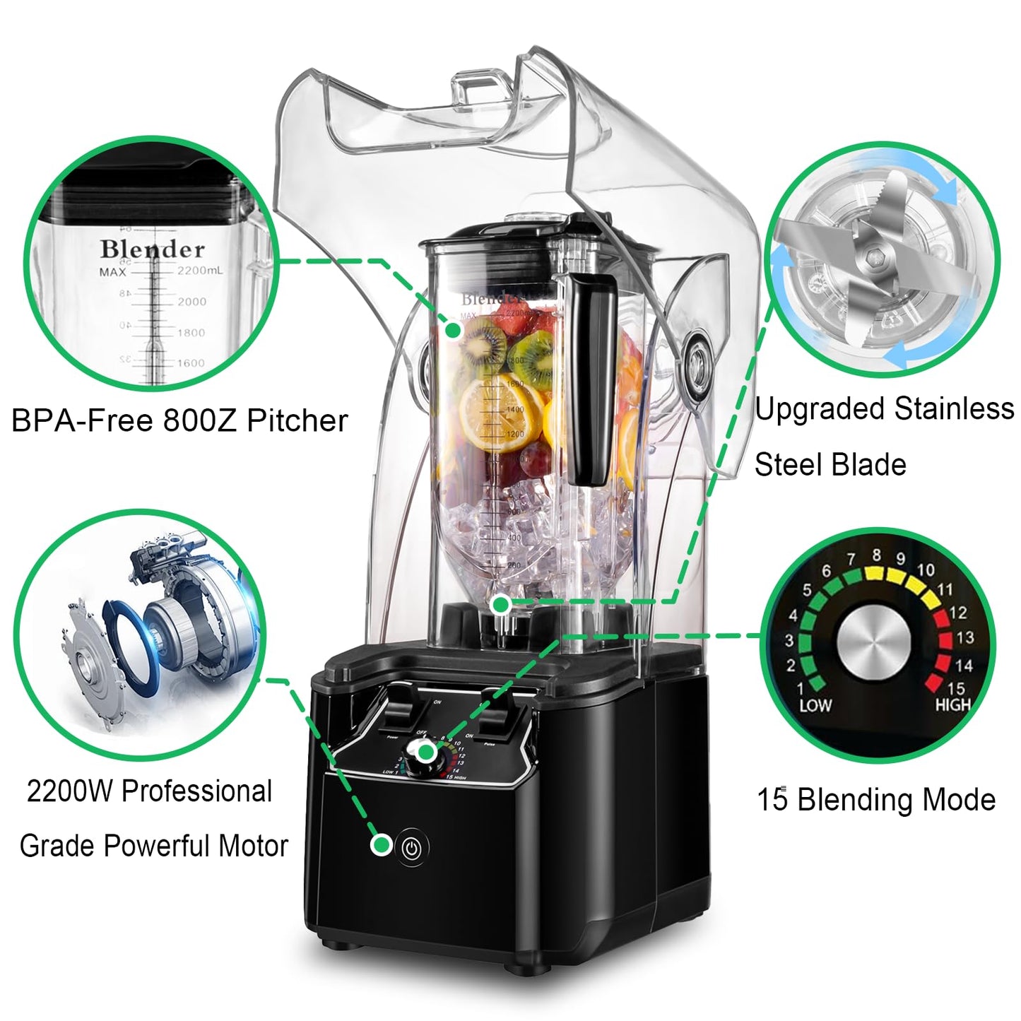 Commercial Blender for Smoothies With Quiet Shield, 2.5HP Motor, Stainless Steel Blade, 80oz Pitcher for Shakes, Smoothies, Ice Crushing, Frozen Drinks, 15 Speeds, Self-Cleaning, Black
