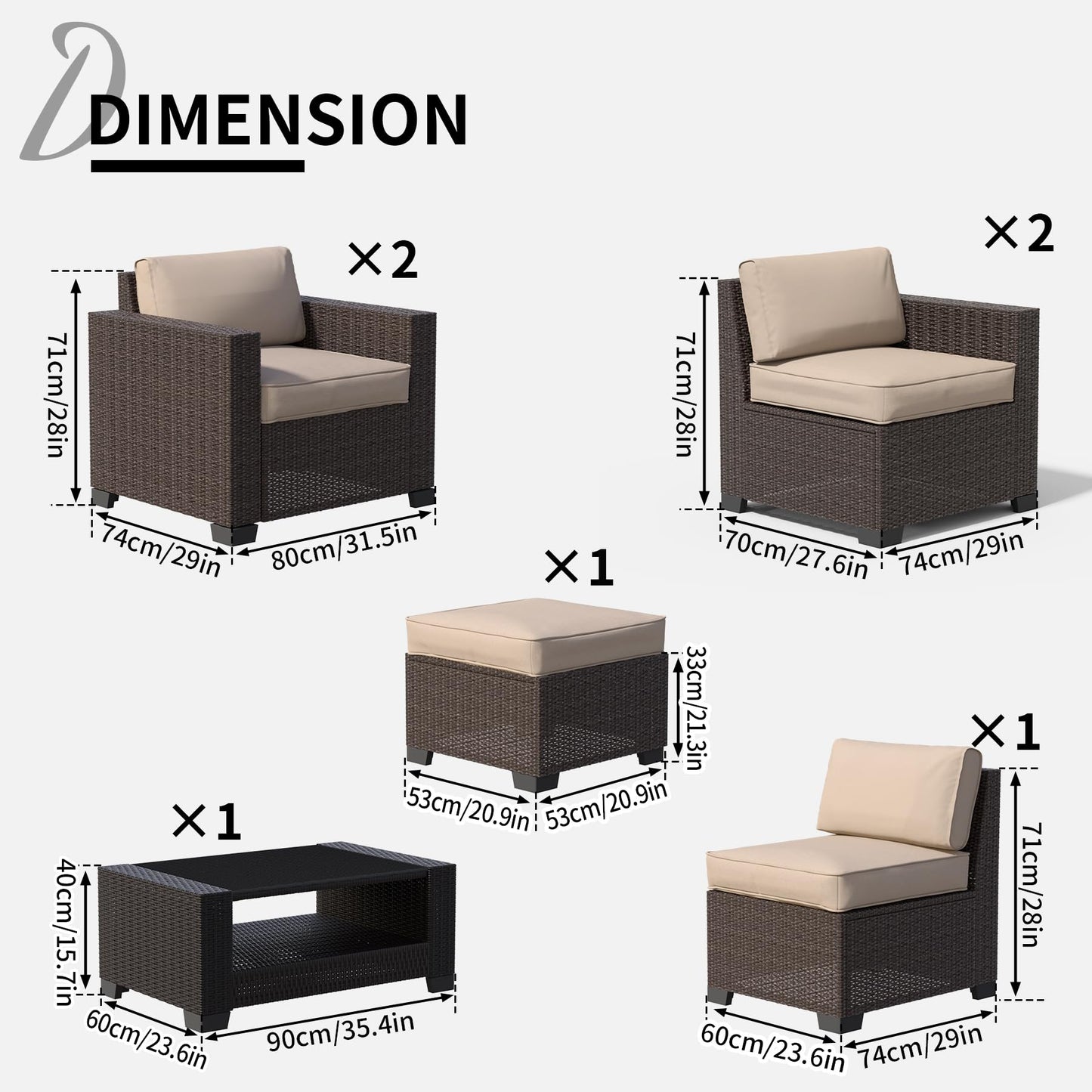 7 Pieces Patio Furniture Set Wicker Outdoor Furniture All-Weather Outdoor Sofa with Thick Cushions & Coffee Table Patio Conversation Set for Lawn, Patio, Balcony, Deck, Poolside, Brown&Beige