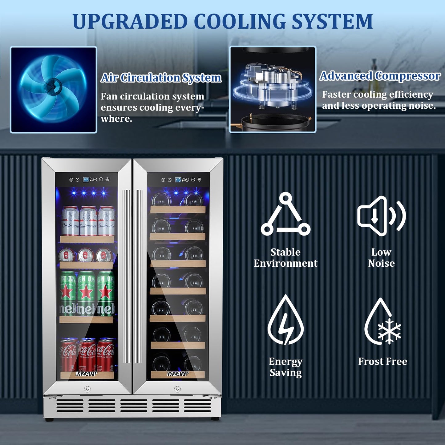 MZAVP 24 Inch Wine and Beverage Refrigerator, Dual Zone Beverage Cooler with Glass Door, Built-In or Freestanding Wine Fridge with Fast Cooling, 20 Bottles and 88 Cans Large Capacity