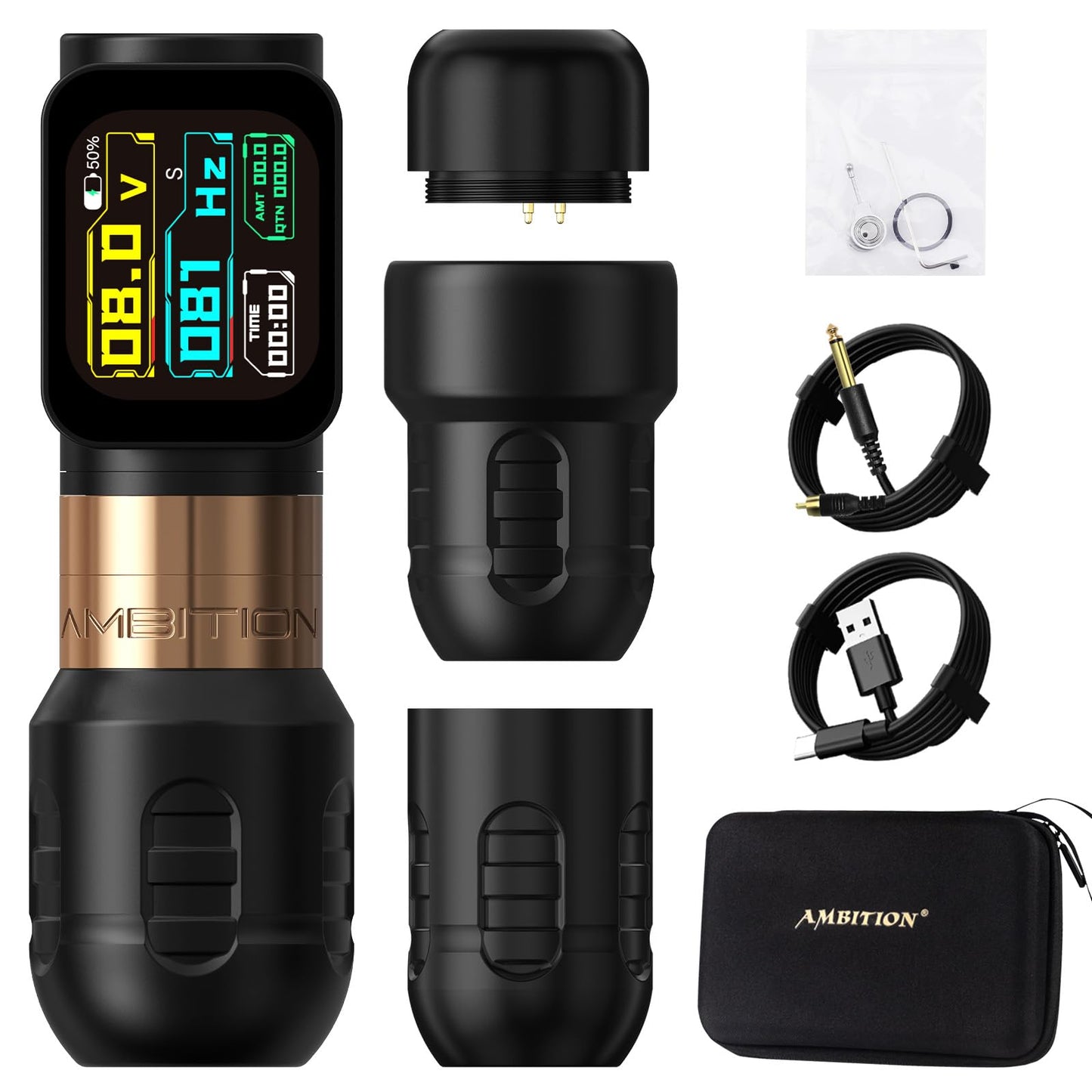 Ambition Zetton Pro Tattoo Gun Rotary Tattoo Pen Machine Wireless 2400mAh Battery with Large-screen Display Brushless Motor Straight Drive Bar 42mm Grip Tattoo Supply for Professional Artists