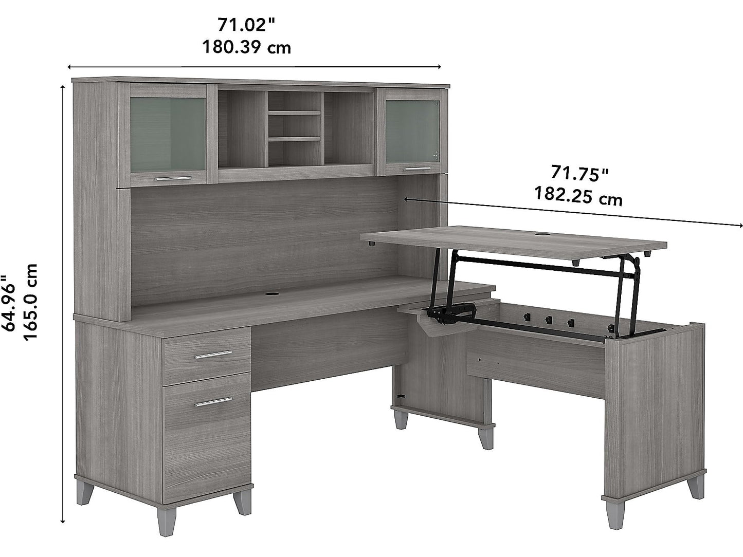 Bush Home Somerset 72W 3 Position Sit to Stand L Shaped Desk with Hutch in Platinum Gray | Adjustable Height Table for Office