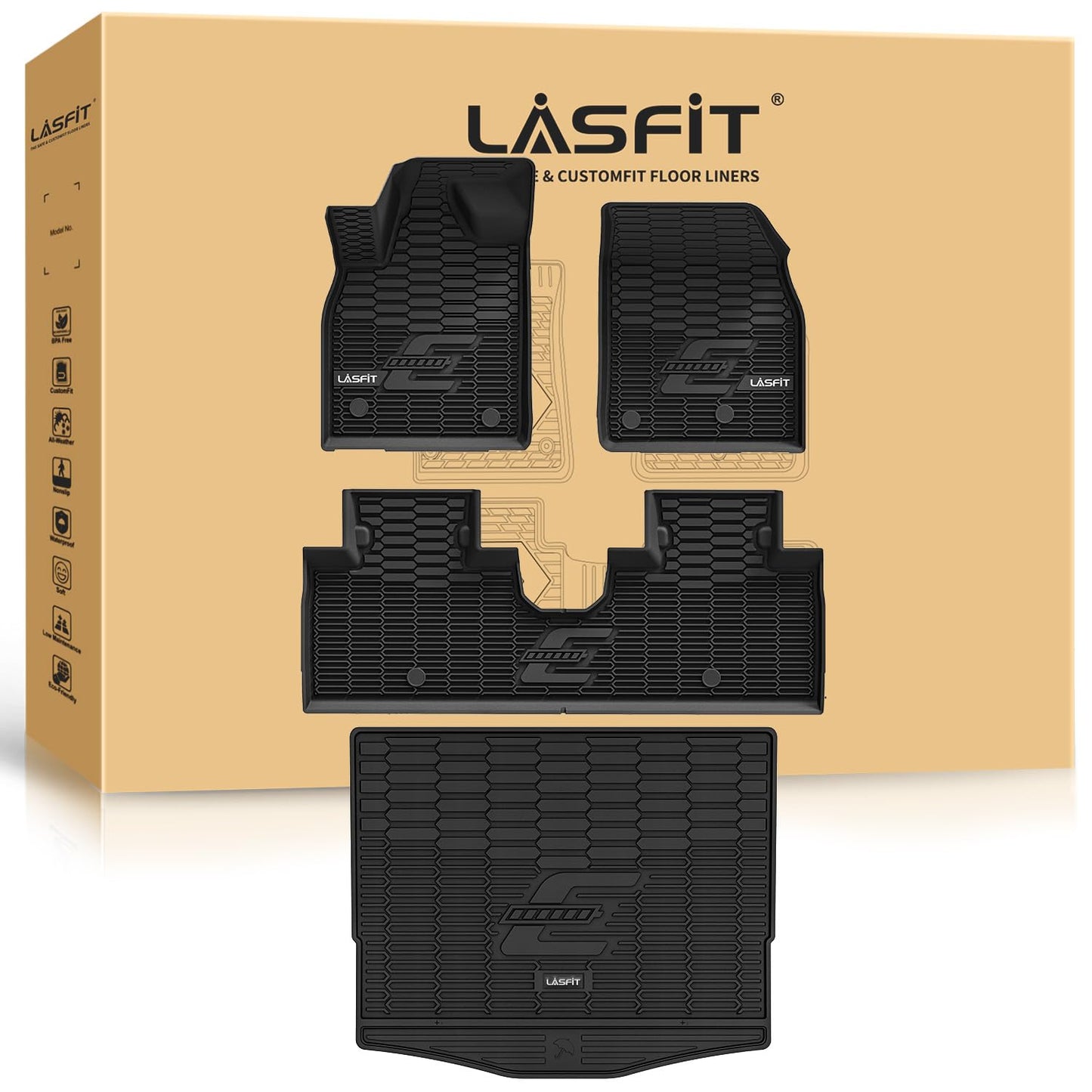 LASFIT Floor Mats and Trunk Mat for Ford Mustang Mach-E 2026 2025 2024 2023 2022 2021 (Cargo Floor in Top Position) All Weather TPE Car Liners, 1st & 2nd Row & Cargo Liner, 4pcs Black