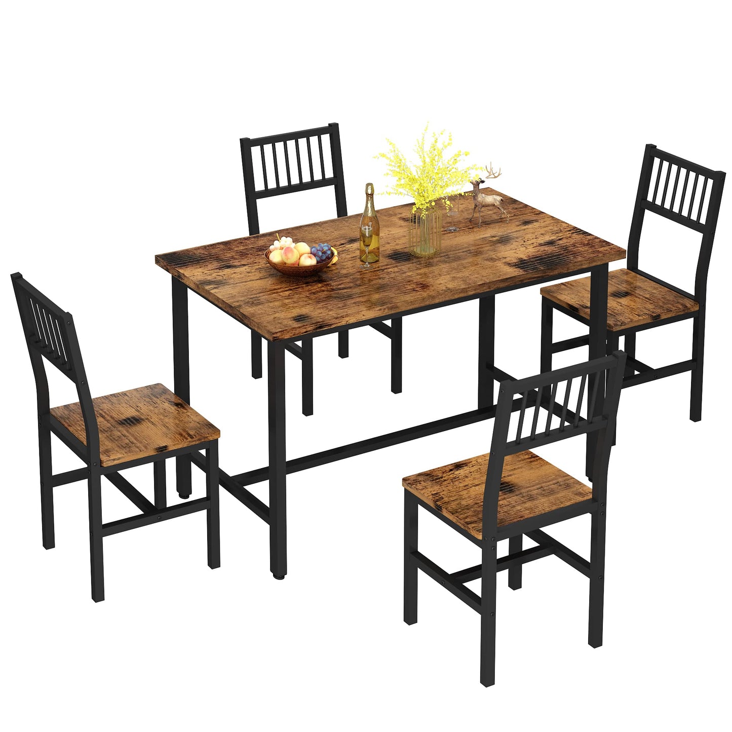 AWQM 43.3 Inch Dining Table Set for 4,Industrial Table with 4 Curved Chairs Set,5-Piece Rectangular Kitchen Table Set for Dining Room,Breakfast Nook,Small Space