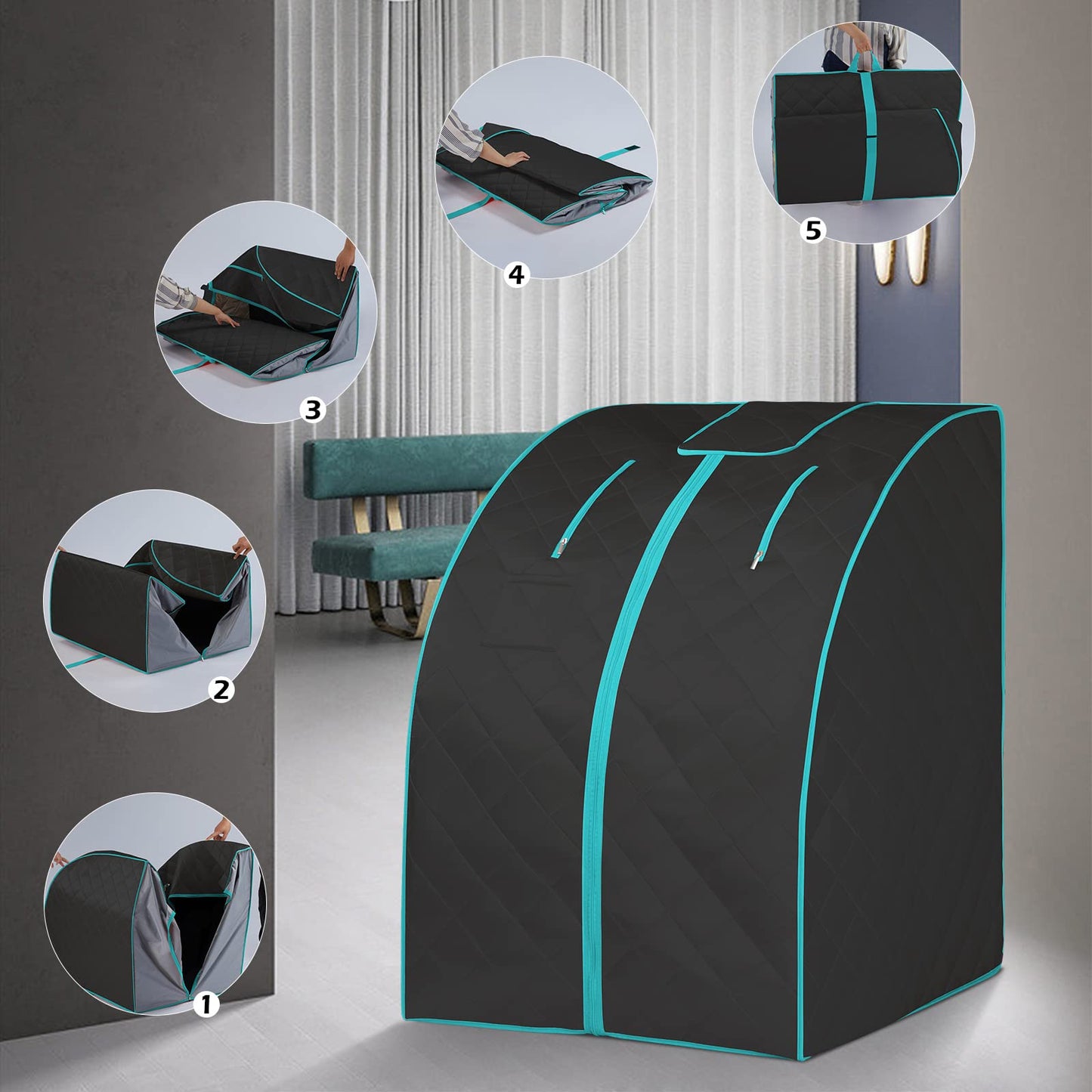 Smartmak Far Infrared Sauna, Full Body One Person Portable SPA Set with Time & Tempreture Remote Control, Heating Foot Pad and Foldable Reinforced Chair (L 27.6’’ x W 31.5’’ x H 37.8’’) - Black