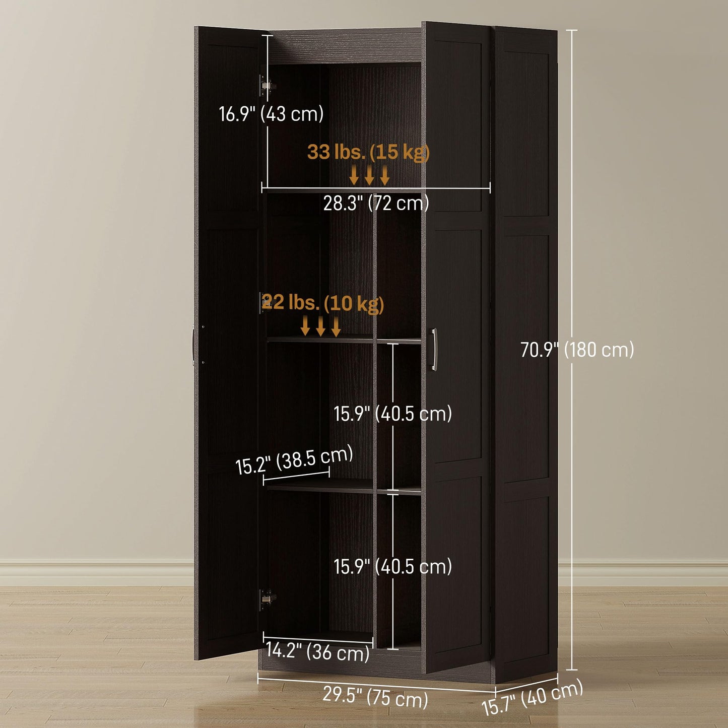 HOMCOM 71" Tall Kitchen Pantry Cabinet with Soft-Close Hinges, Modern Farmhouse Freestanding Pantry Storage Cabinet with 2 Framed Doors, 4 Adjustable Shelves, Espresso