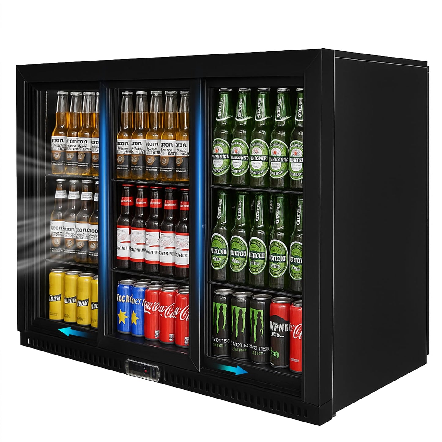 Bluelinecool Commercial Back Bar Cooler with 3 Glass Sliding Doors, 11.5 cu.ft Under Counter Beverage Refrigerator, LED Lighting - ETL Beer and Wine Cooler for Bar, Restaurant, Garage, Office, Home