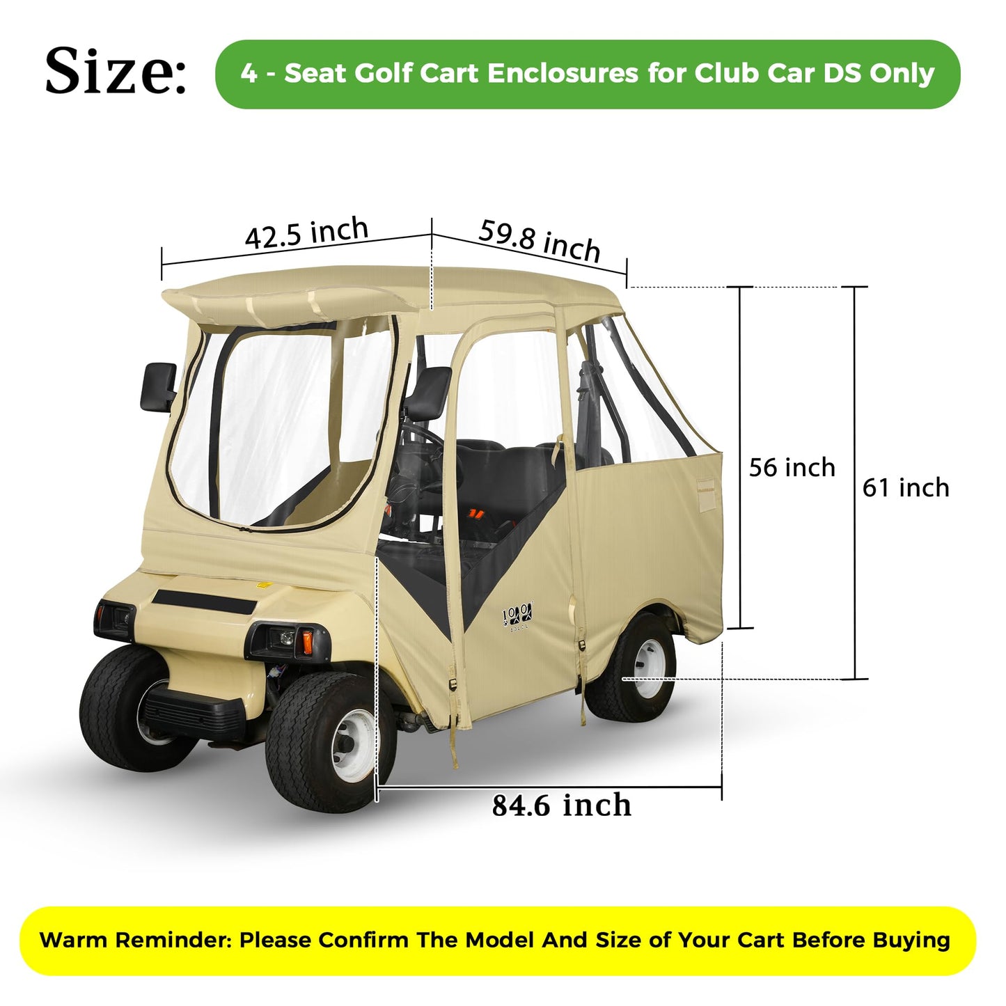 10L0L 4 Passenger Golf Cart Enclosure for Club Car DS (Short Roof 56"), Windproof Waterproof Portable Storage Cover 4-Sided Clear Window & Roll-up Zipper Door - Beige Gray