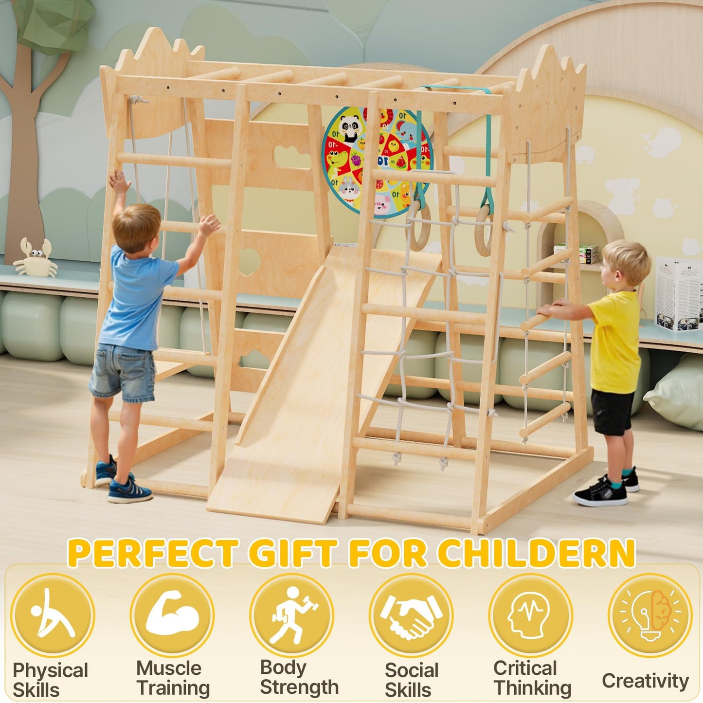 9-in-1 Indoor Jungle Gym, Indoor Playground for Toddlers,Wooden Montessori Climber Playset with Slide, Swing, Monkey Bar, Climbing Rock Climbing Net, Rope Ladder, Climbing Ladder, Rings and Dart Board