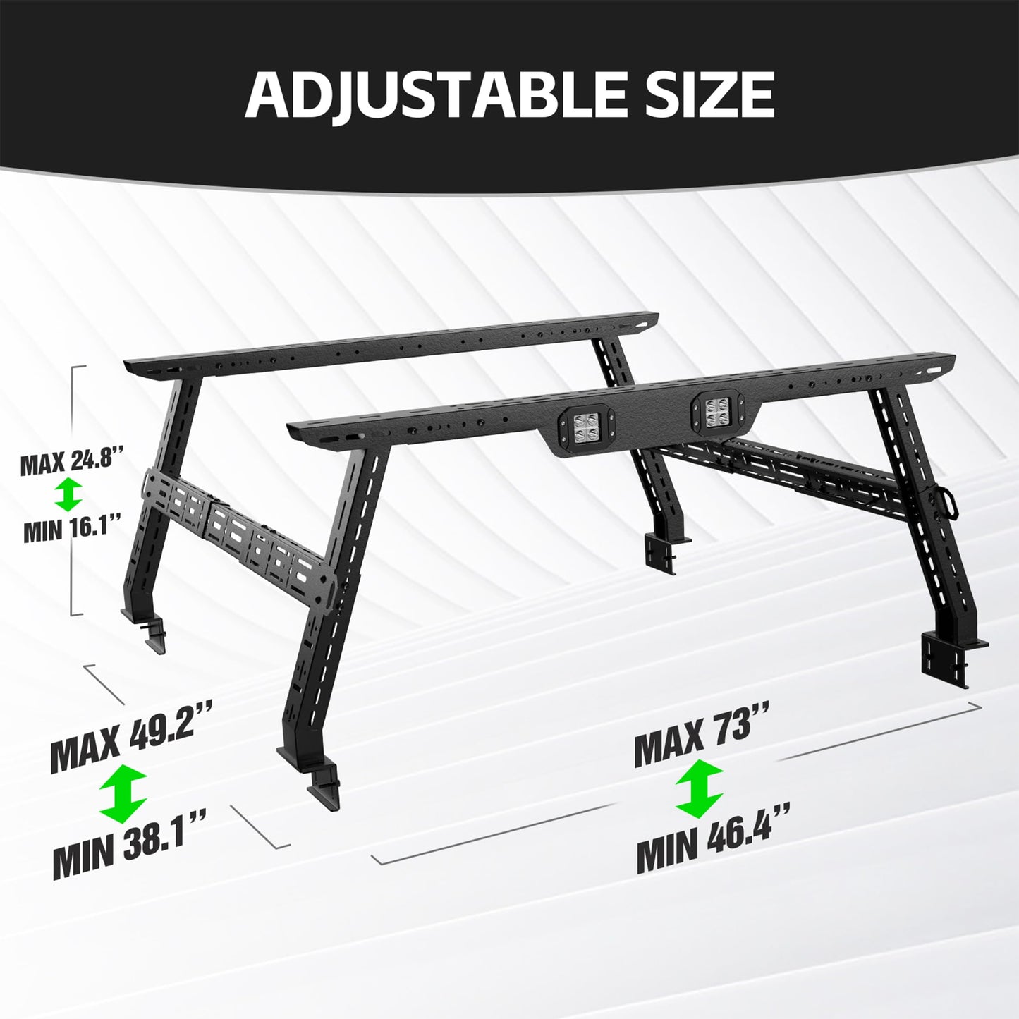 YZONA Adjustable 16-24.8" High Truck Bed Racks with 2 Led Light Compatible for Tacoma/Silverado/Sierra/Ram/Tundra/Titan/Frontier/Canyon/Gladiator JT/Ford F-Series, Ladder Cargo Rack