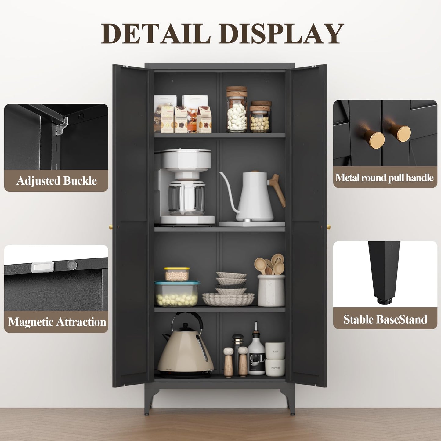 FATIGOS 65" H Kitchen Pantry Storage Cabinet, Black Metal Storage Cabinets with 2 Doors and Adjustable Shelves, Kitchen Storage Cabinet, Cupboard for Dining Room, Living Room and Bathroom