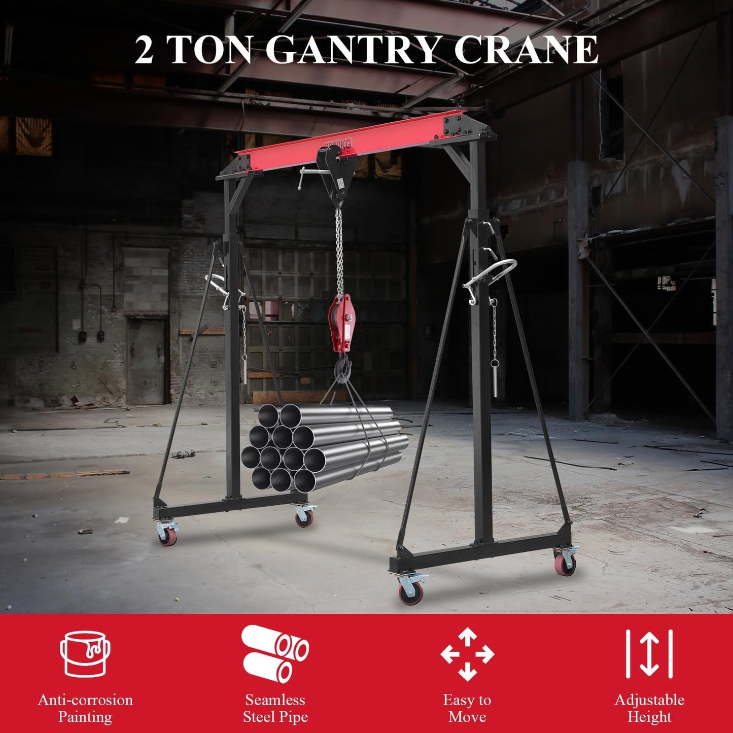 2 Ton Heavy-Duty Adjustable Gantry Crane, 4400 Lbs Capacity, 8.5Ft Span, 7.5Ft-12Ft Adjustable Height, Steel Hoist with Locking Wheels for Warehouse Workshop Garage