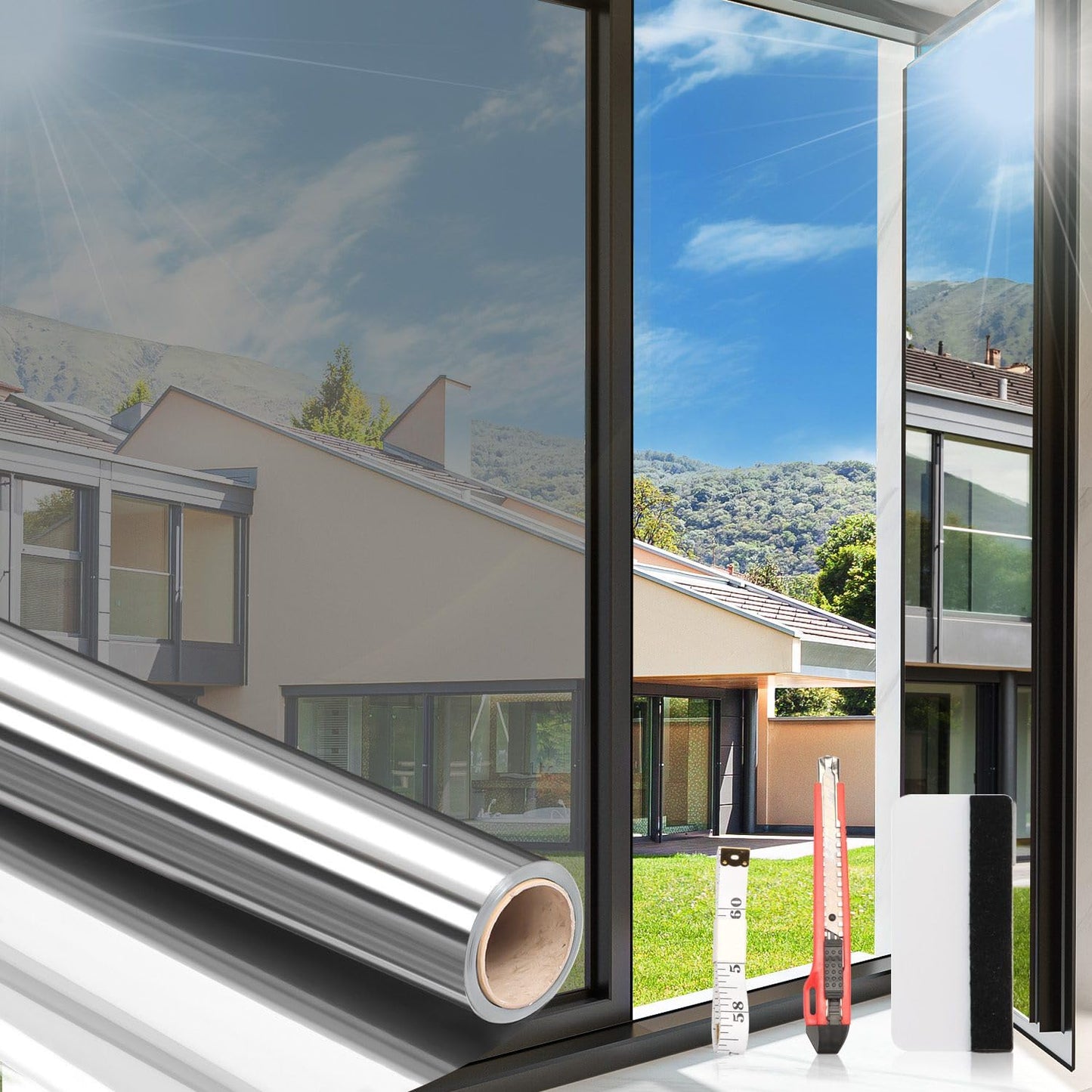 Arthome One Way Window Film Daytime Privacy Window Tint for Home UV Blocking Mirror Film Non-Adhesive Static Cling Heat Control Reflective Glass Film for Home and Office, Silver, 35.4 Inch x 32.8 Feet