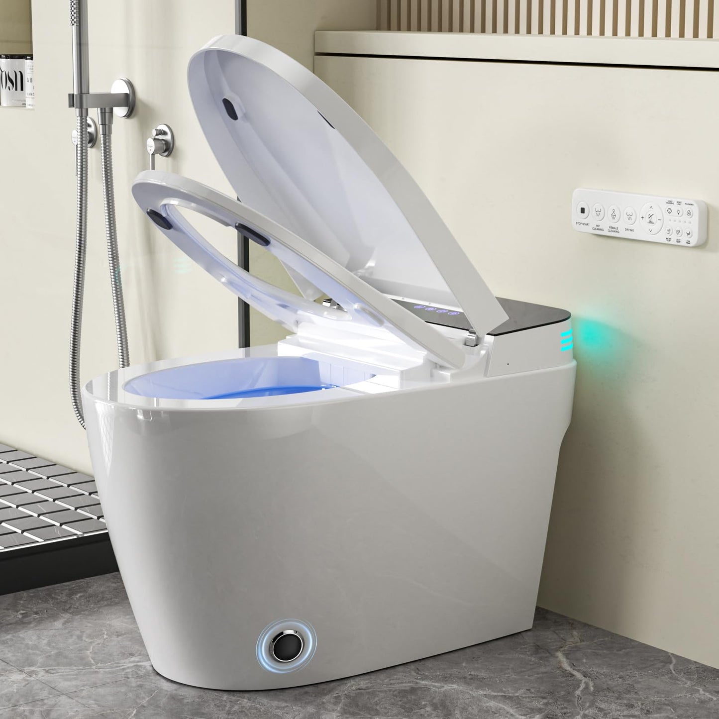 Smart Toilet with Bidet Built in Heated Seat, Smart Tankless Toilet with Warm Water and Dryer, Fahrenheit LED Display, Auto Flush, Foot Sensor