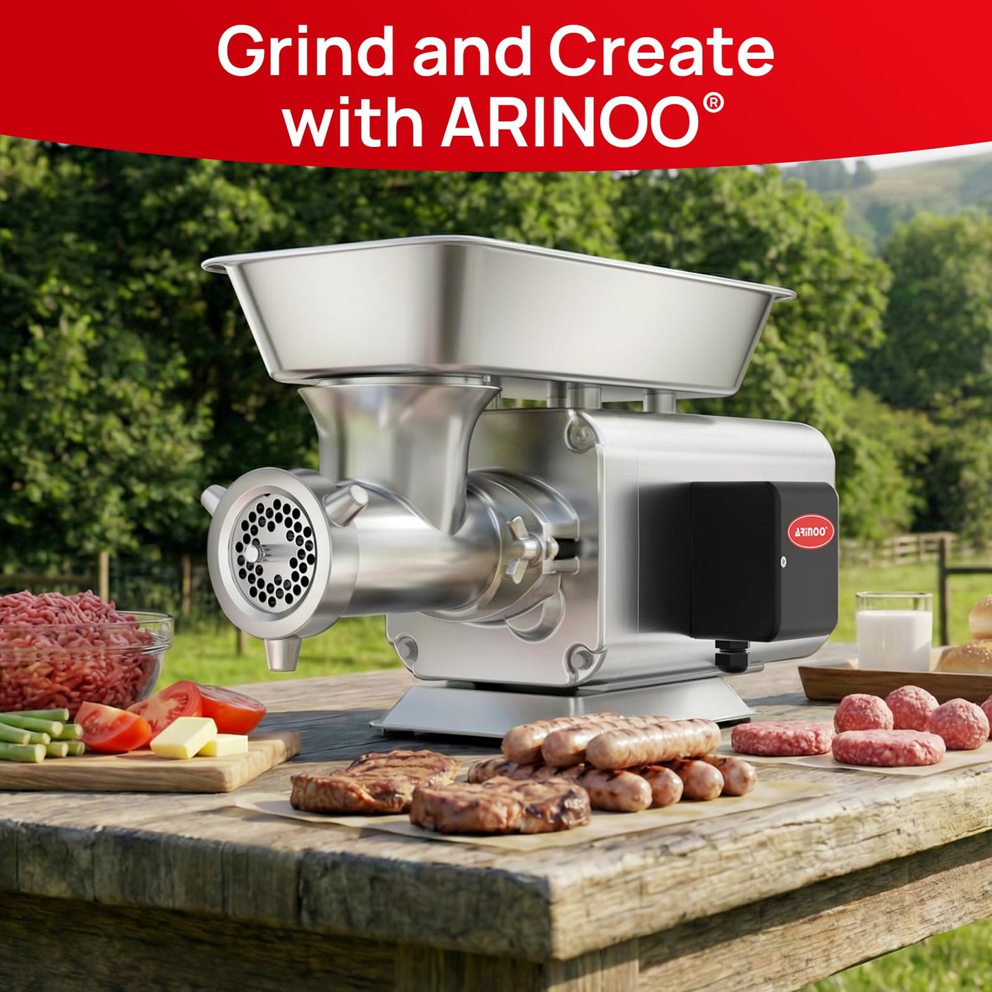 ARINOO Electric Meat Grinder, Grinds Chicken Bones, 1.7 HP Heavy Duty Stainless Steel Commercial #22 Meat Mincer Machine with 2 Plates, 2 Blades and 3 Sausage Tubes for Home Use, 11 Lbs/Min