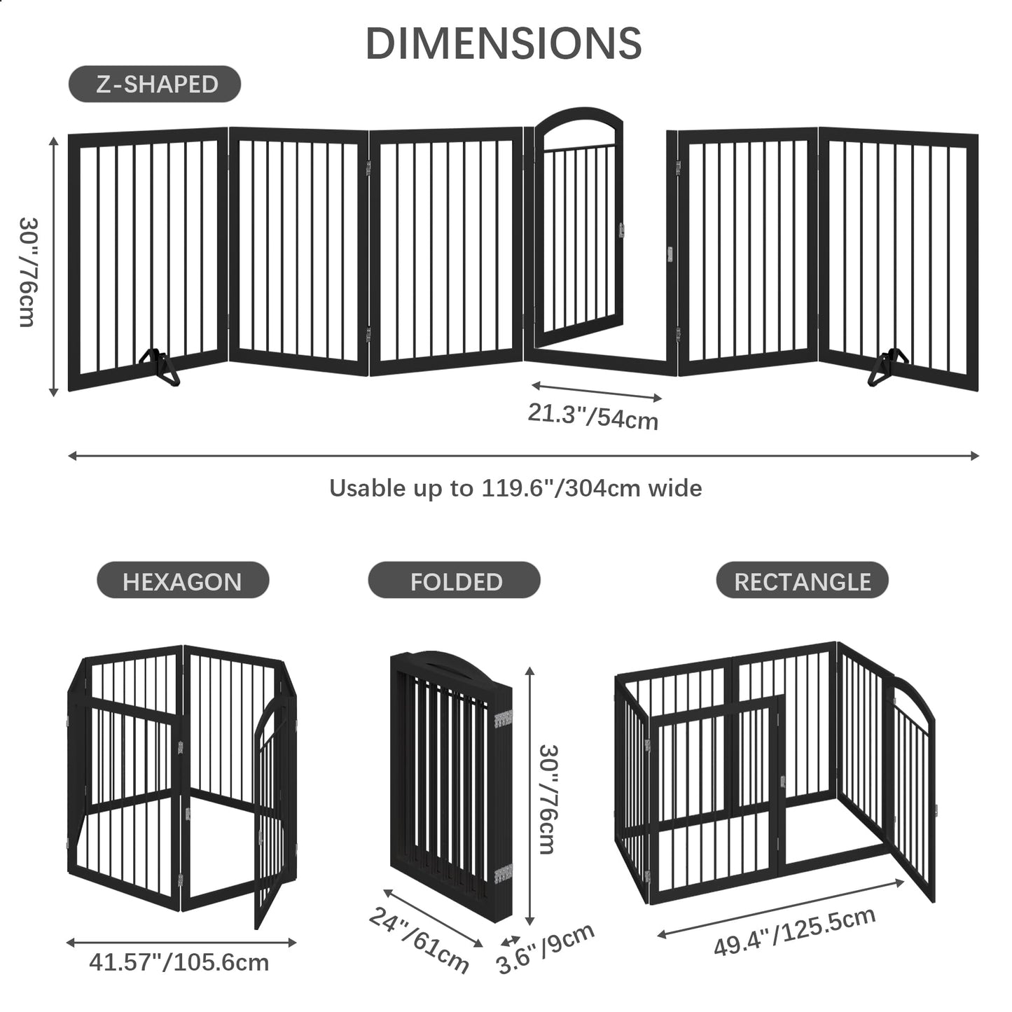 JSB 144-inch Extra Wide 30-inch Tall Dog gate with Door Walk Through, Freestanding Round Tube Pet Gate for Halls Stairs, Puppy Safety Dog Fence with 2PCS Support Feet (Black)